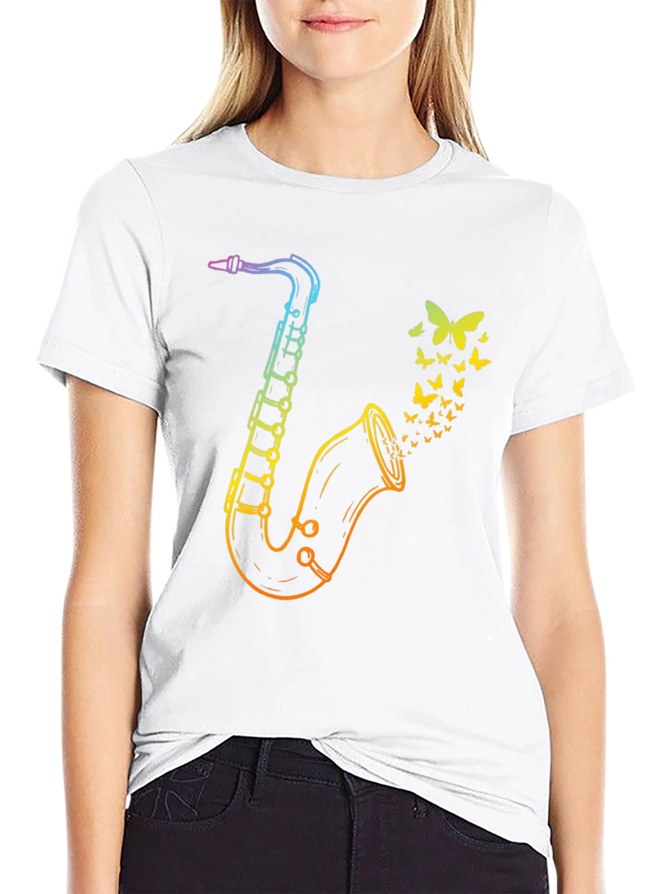 Rainbow Saxophone Butterfly Mens Black T-Shirt