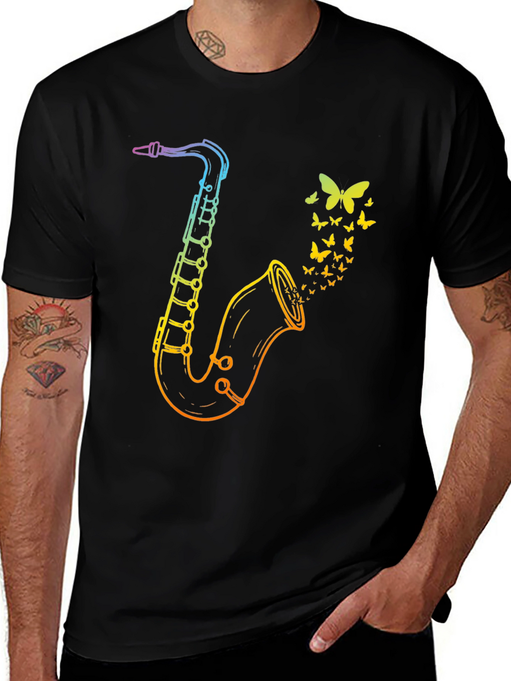 Rainbow Saxophone Butterfly Mens Black T-Shirt