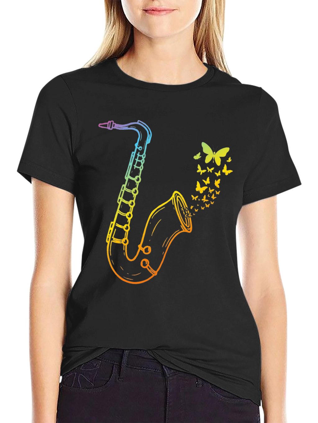 Rainbow Saxophone Butterfly Mens Black T-Shirt