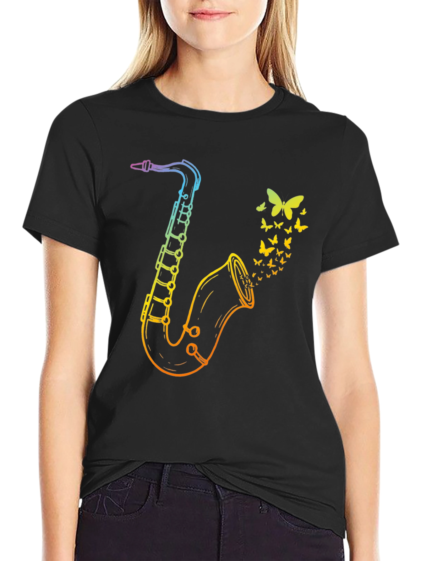 Rainbow Saxophone Butterfly Mens Black T-Shirt