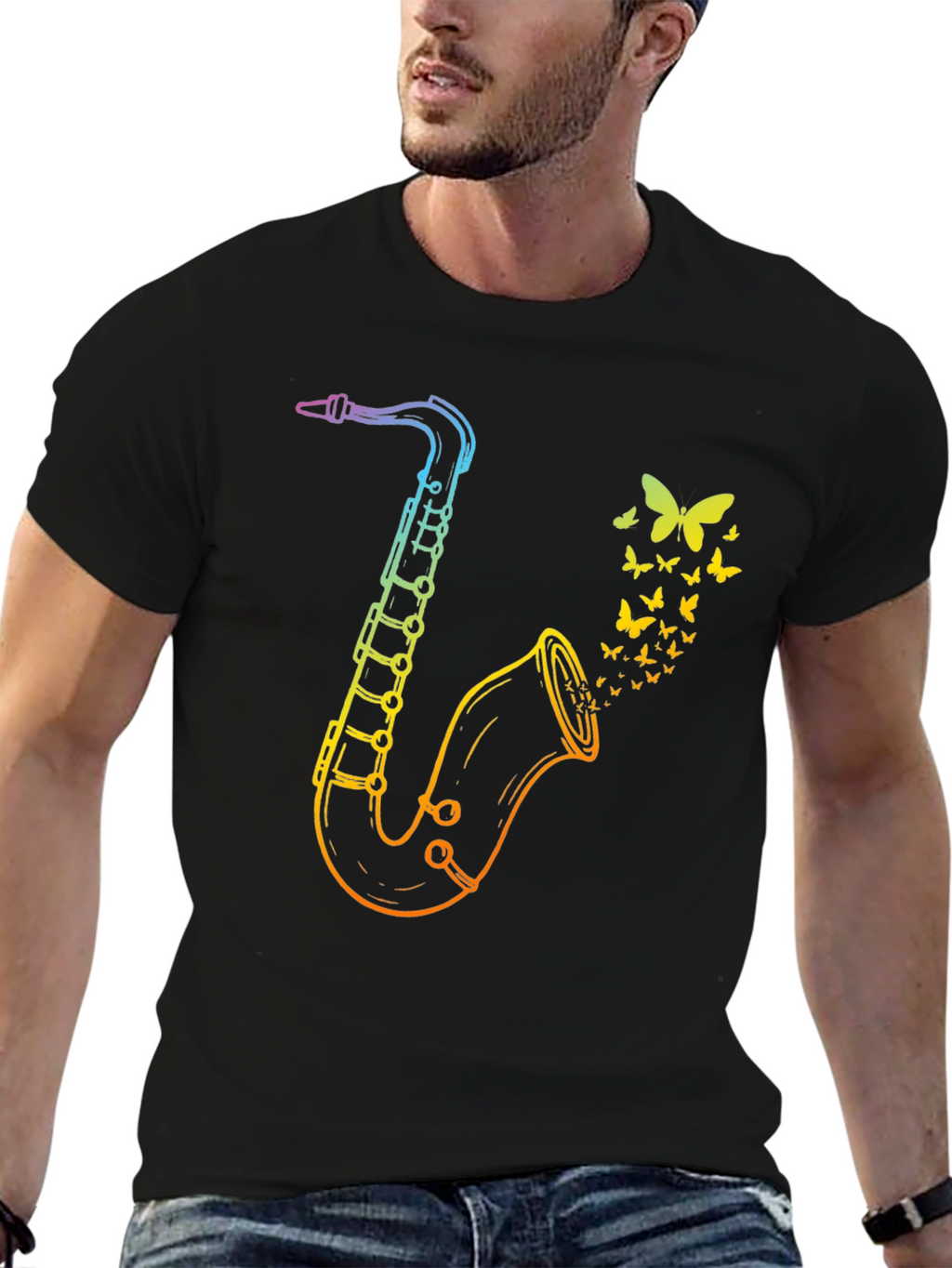 Rainbow Saxophone Butterfly Mens Black T-Shirt