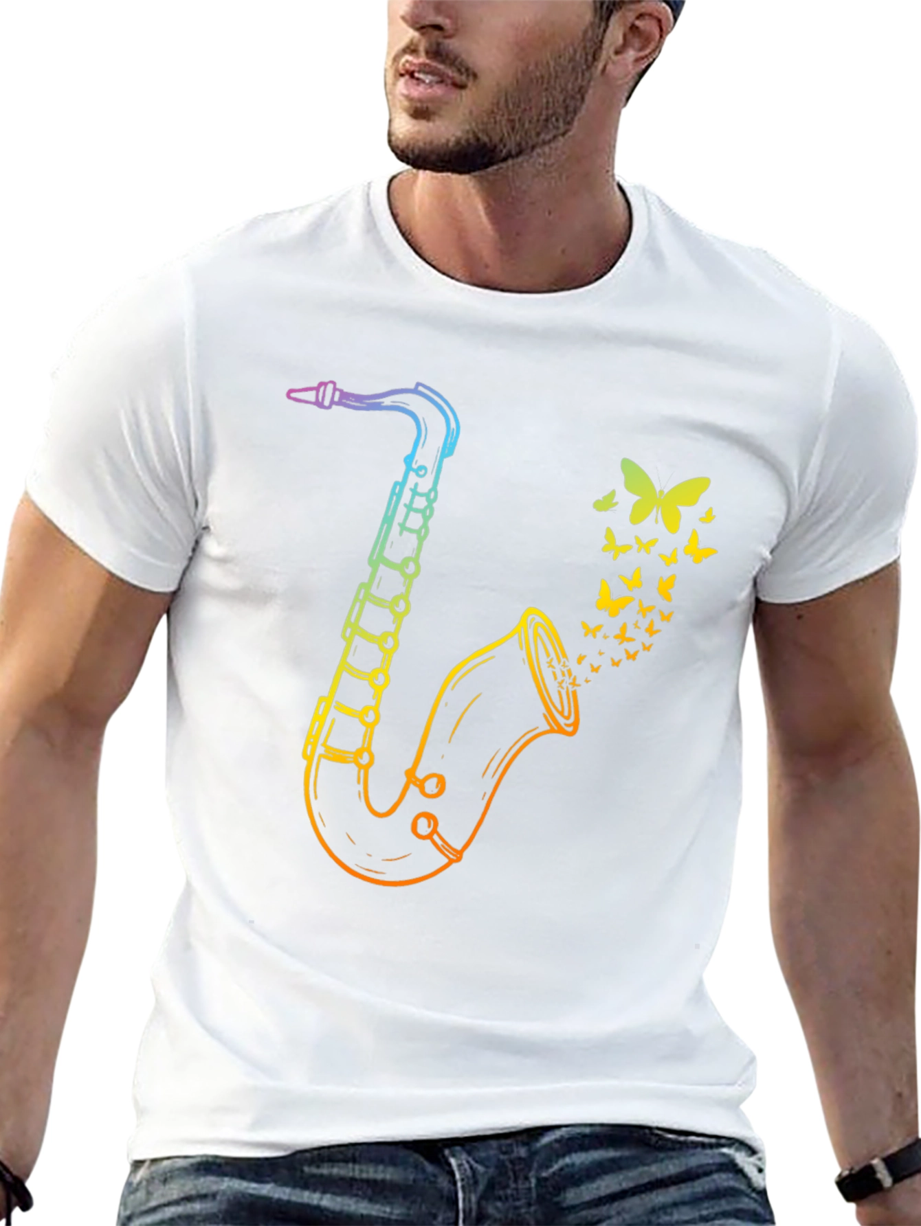 Rainbow Saxophone Butterfly Mens Black T-Shirt