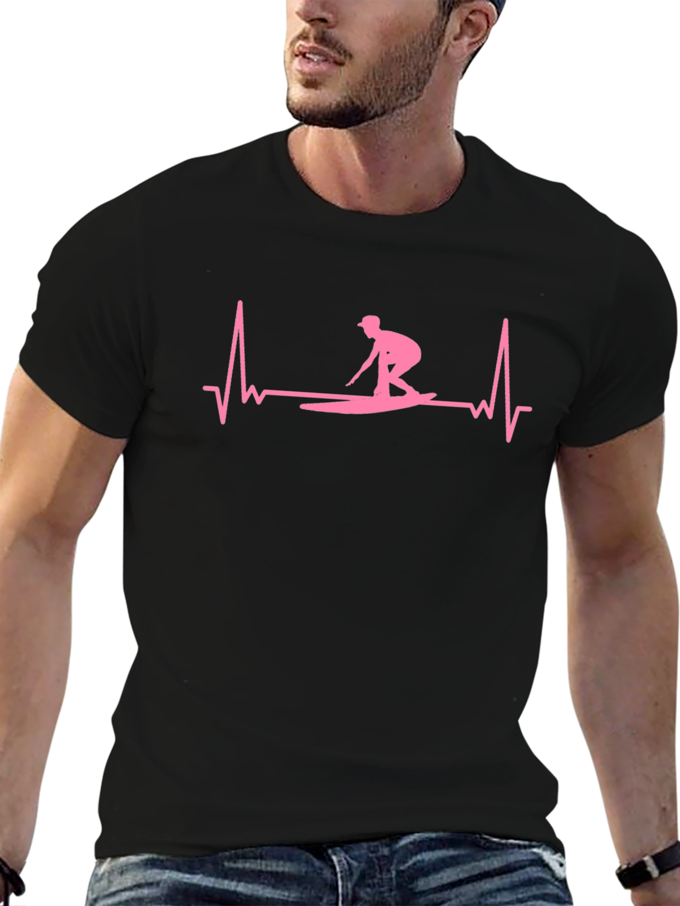 Surfing Heartbeat T-Shirt - Black Cotton Tee