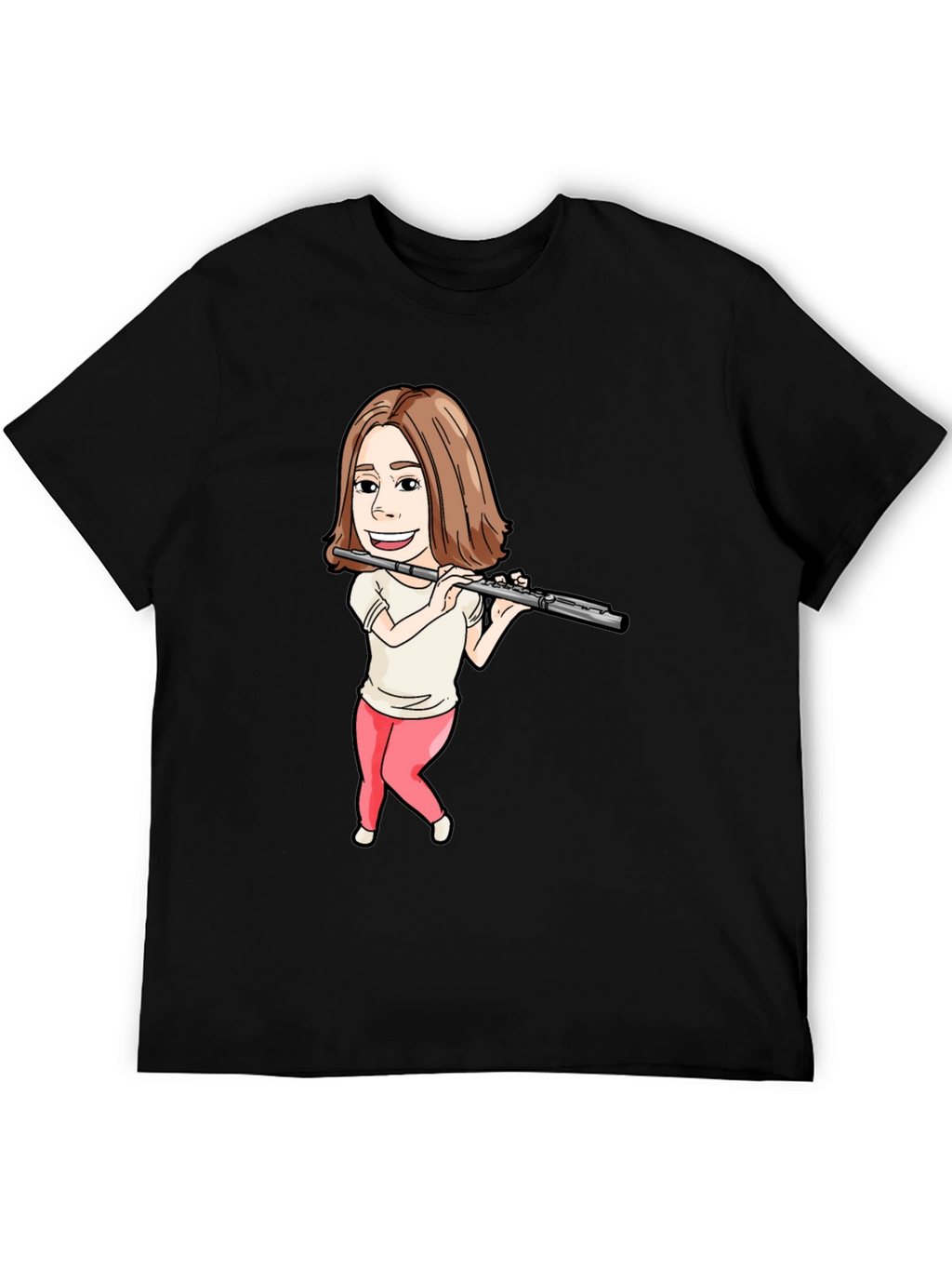 Flute Player Cartoon Black T-Shirt