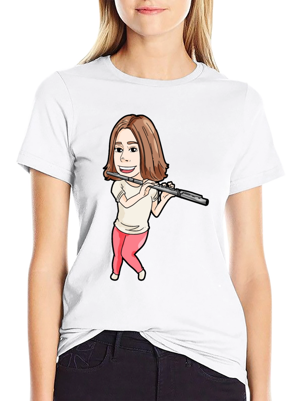 Flute Player Cartoon Black T-Shirt