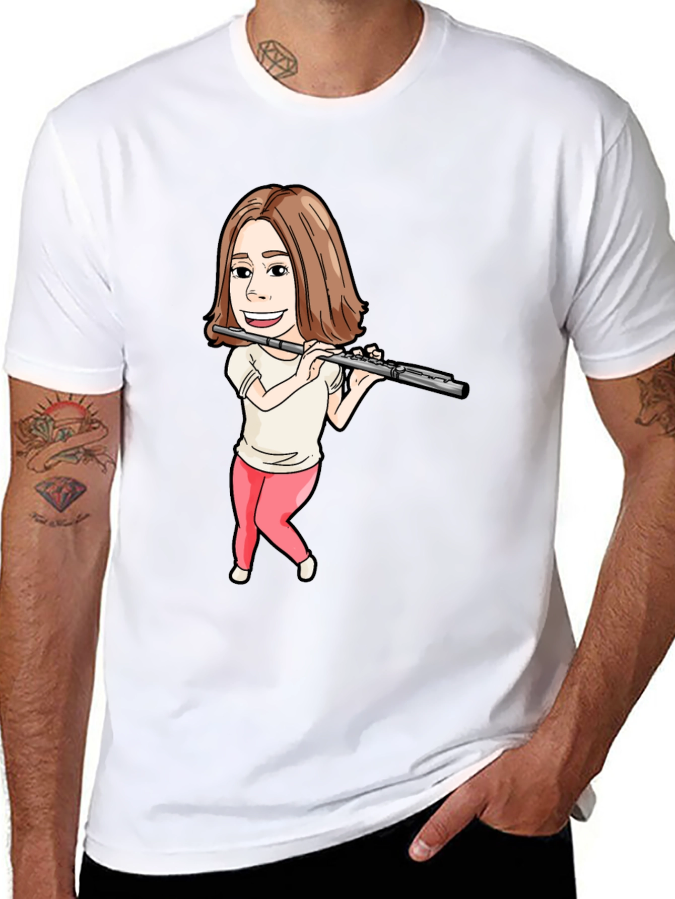 Flute Player Cartoon Black T-Shirt