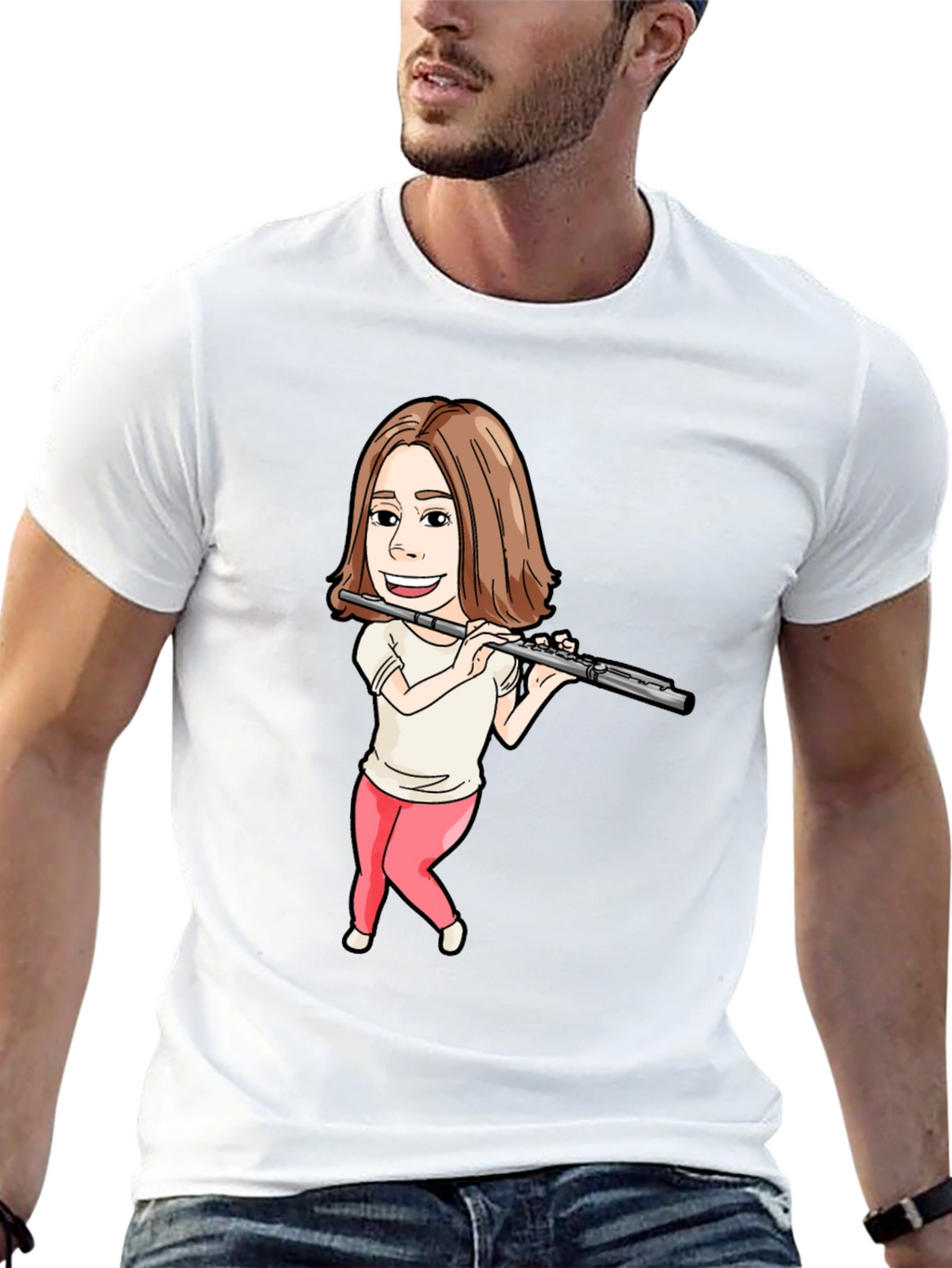 Flute Player Cartoon Black T-Shirt