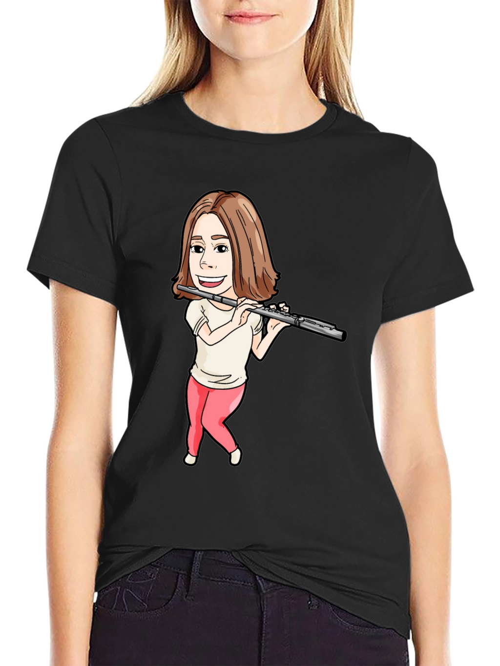 Flute Player Cartoon Black T-Shirt