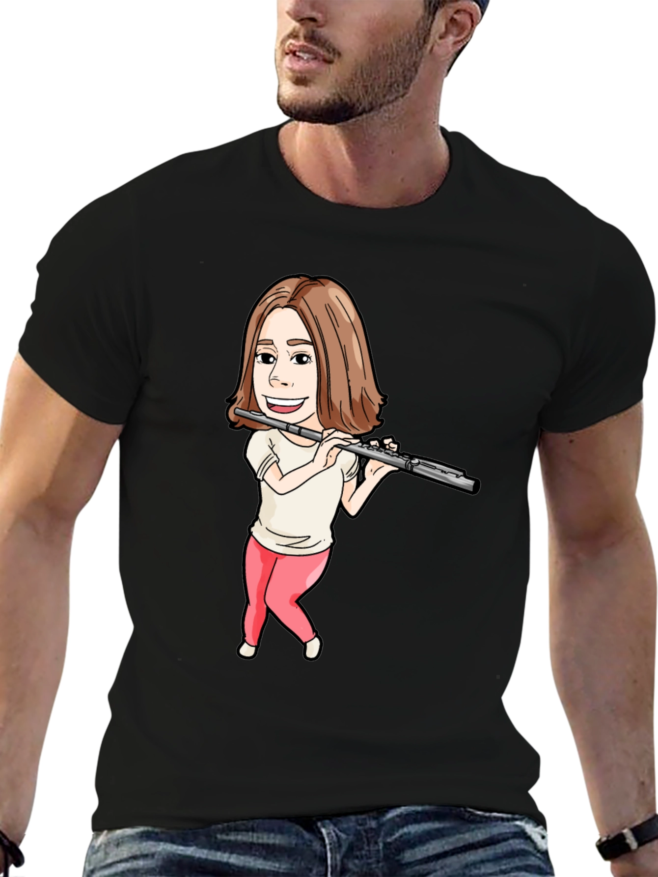 Flute Player Cartoon Black T-Shirt