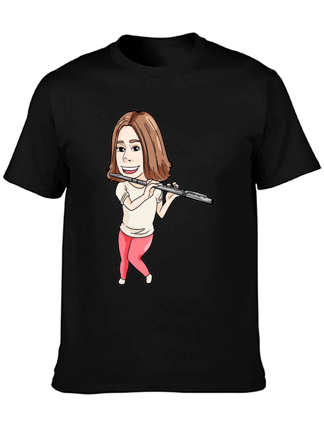 Flute Player Cartoon Black T-Shirt