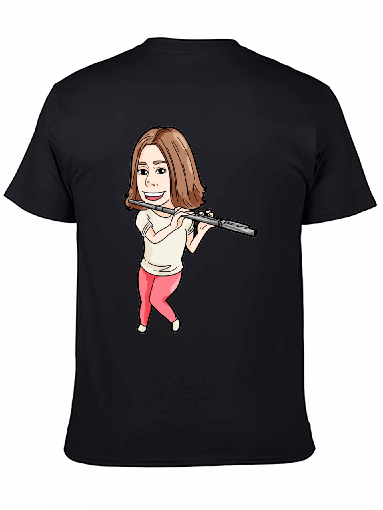 Flute Player Cartoon Black T-Shirt
