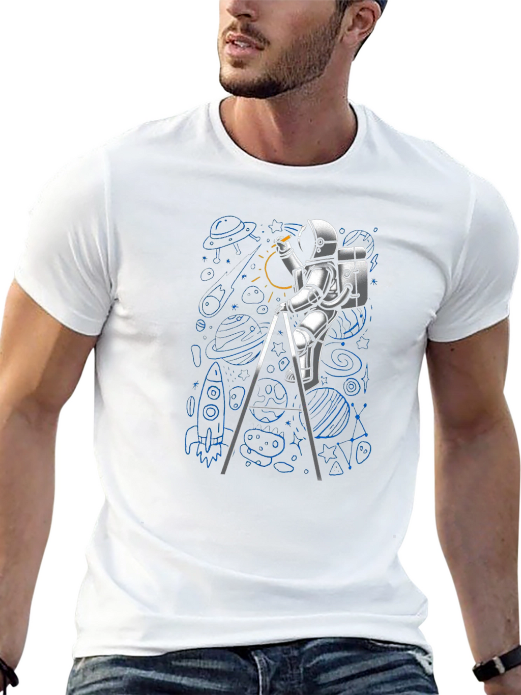 Astronaut Drawing Space T-Shirt - Black