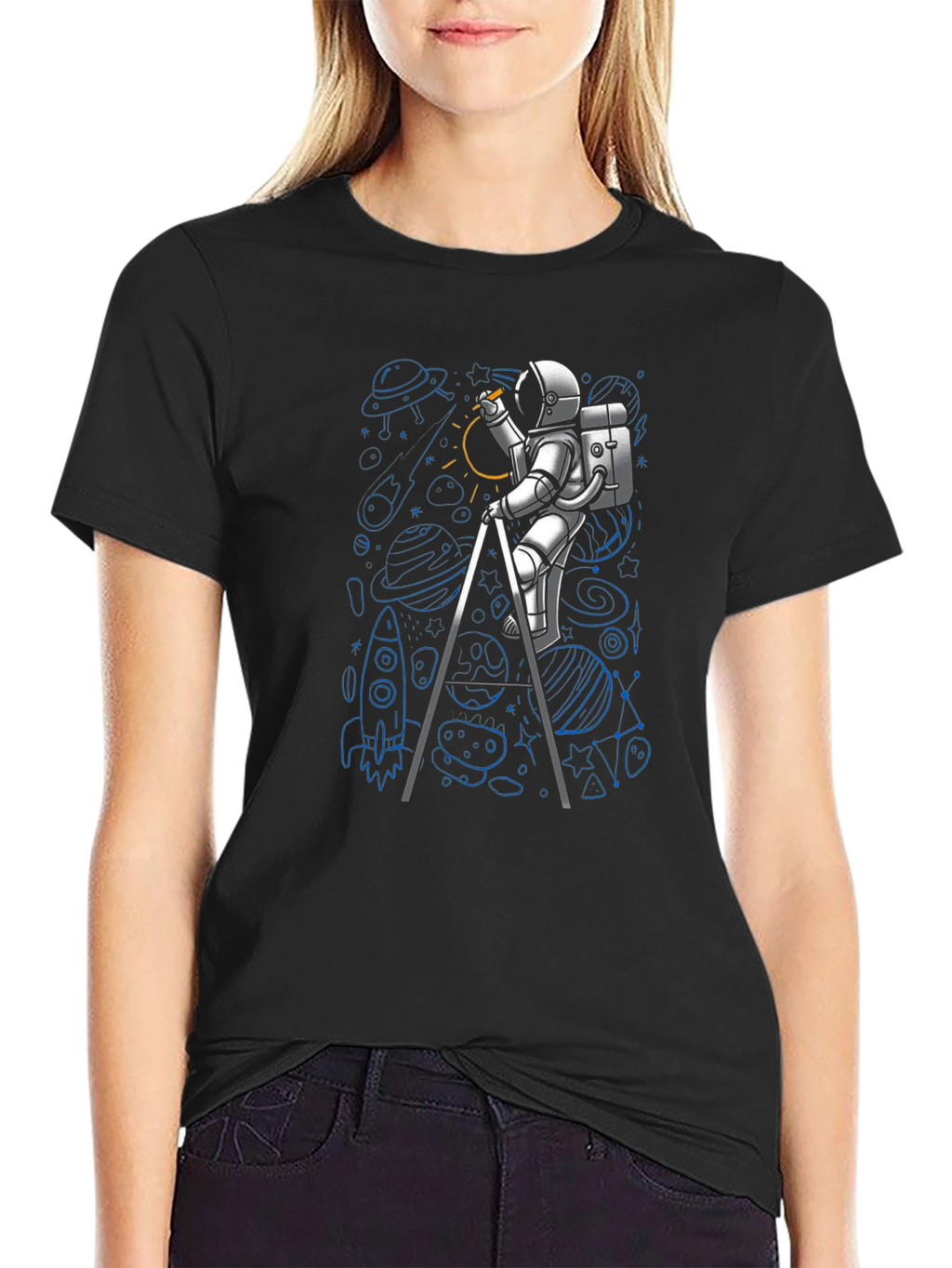 Astronaut Drawing Space T-Shirt - Black
