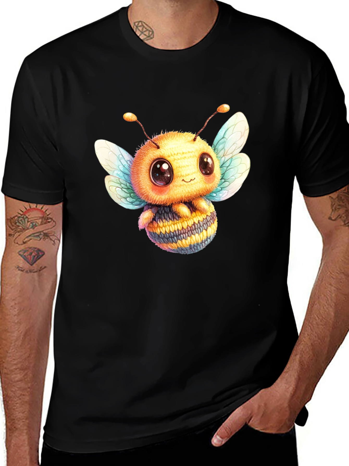 Cute Bee Graphic Tee - Black Cotton Blend