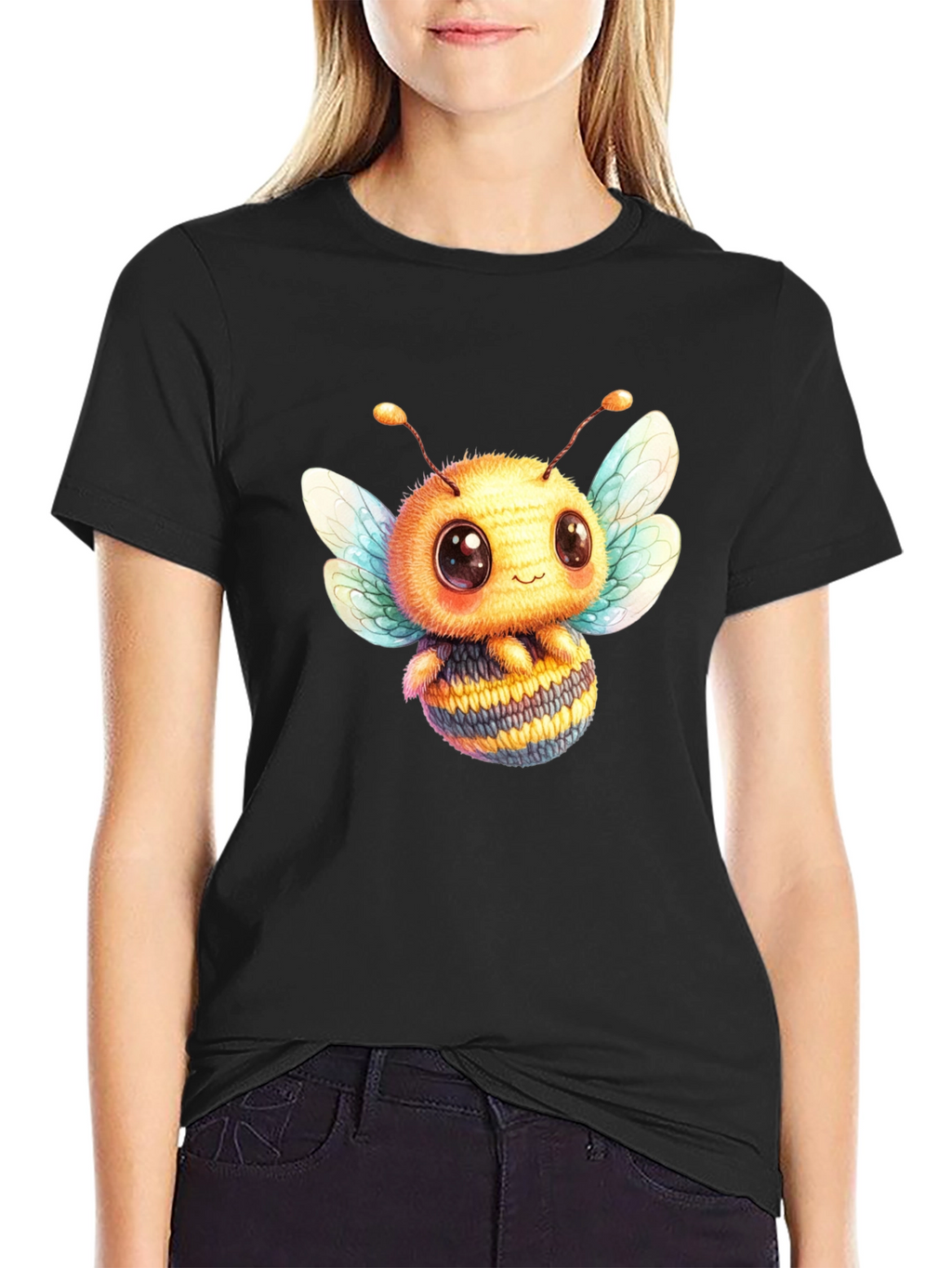 Cute Bee Graphic Tee - Black Cotton Blend
