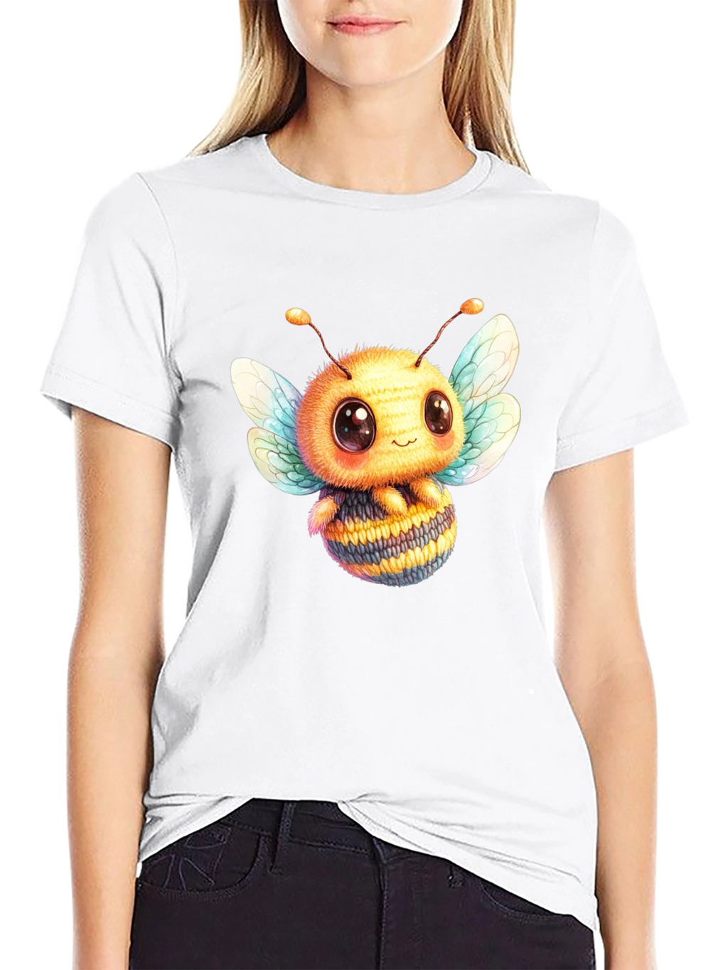Cute Bee Graphic Tee - Black Cotton Blend