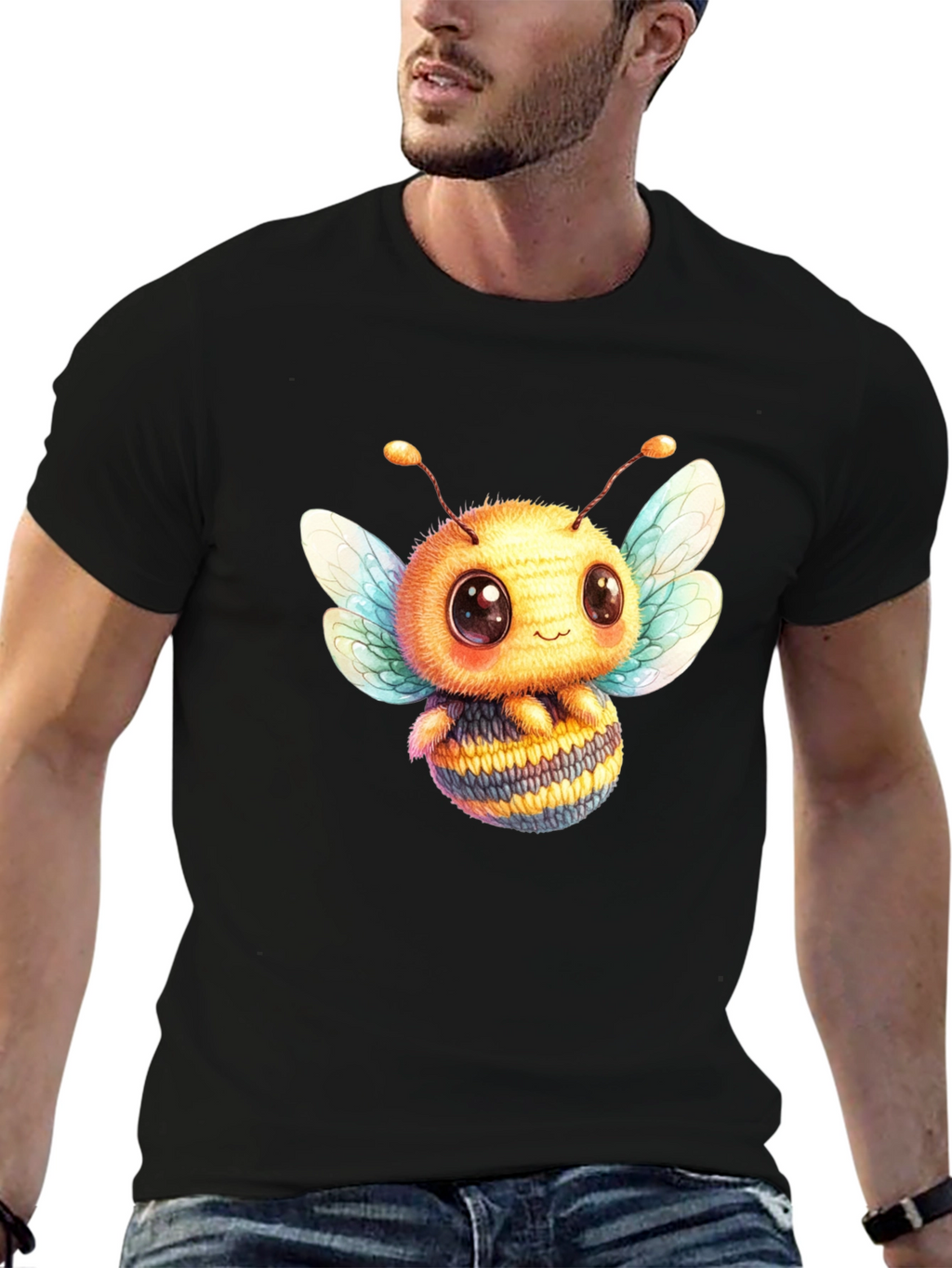 Cute Bee Graphic Tee - Black Cotton Blend