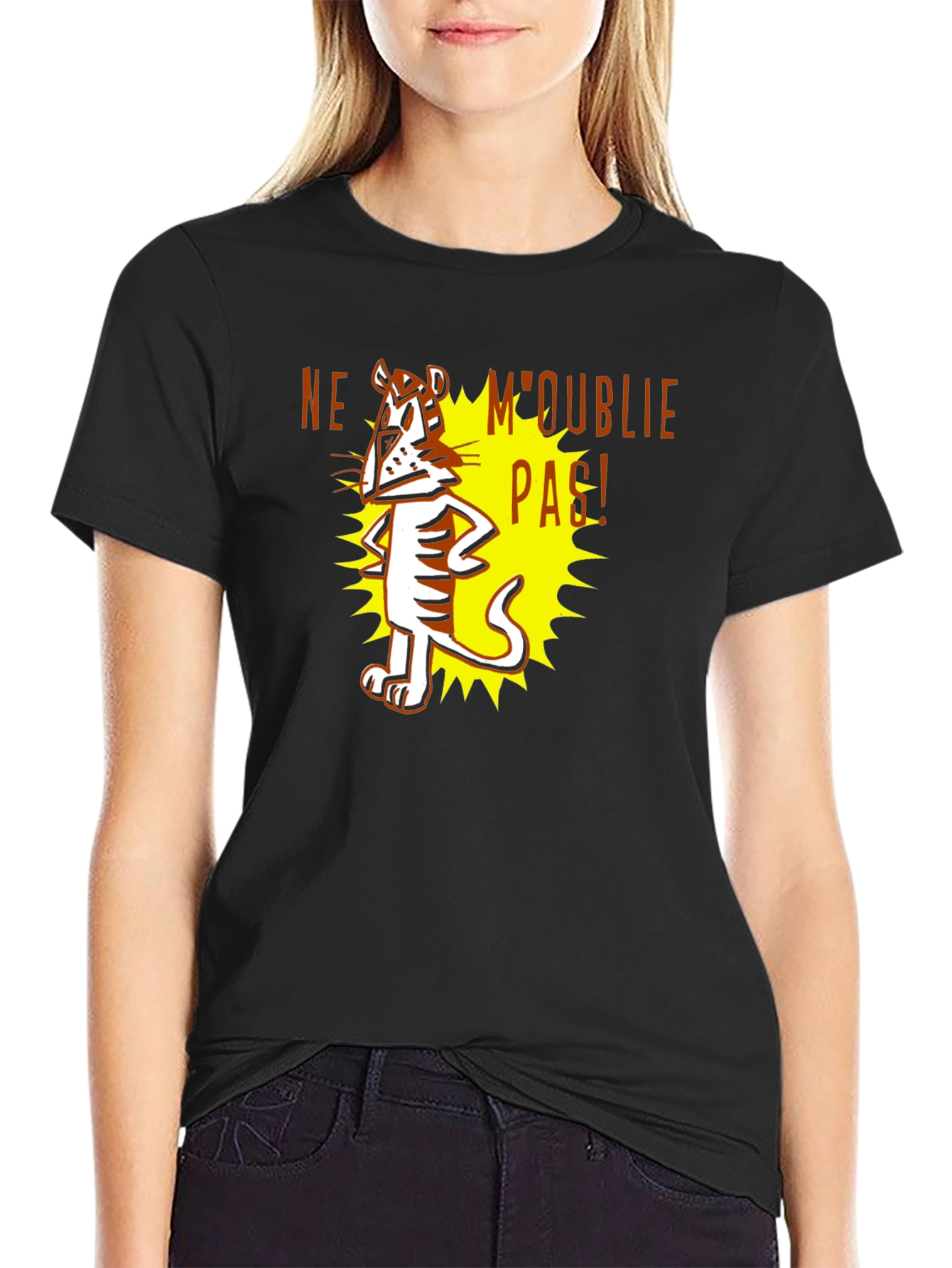 Cartoon Tiger Graphic Tee - Ne Moublie Pas! - Black T-Shirt
