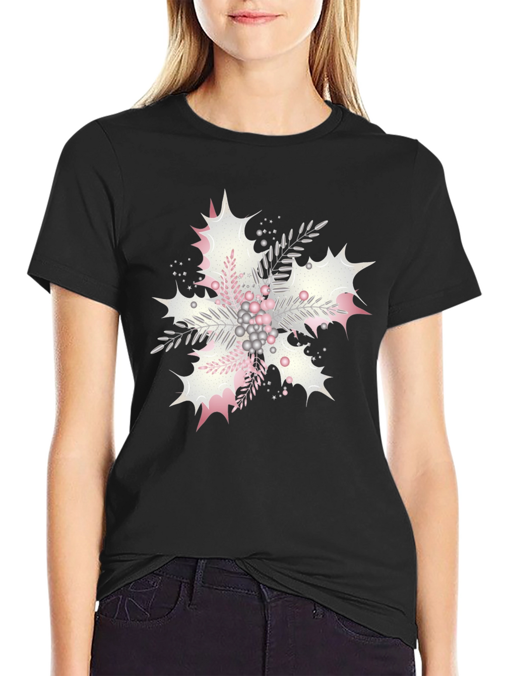 Floral Snowflake Graphic Print Black Tee