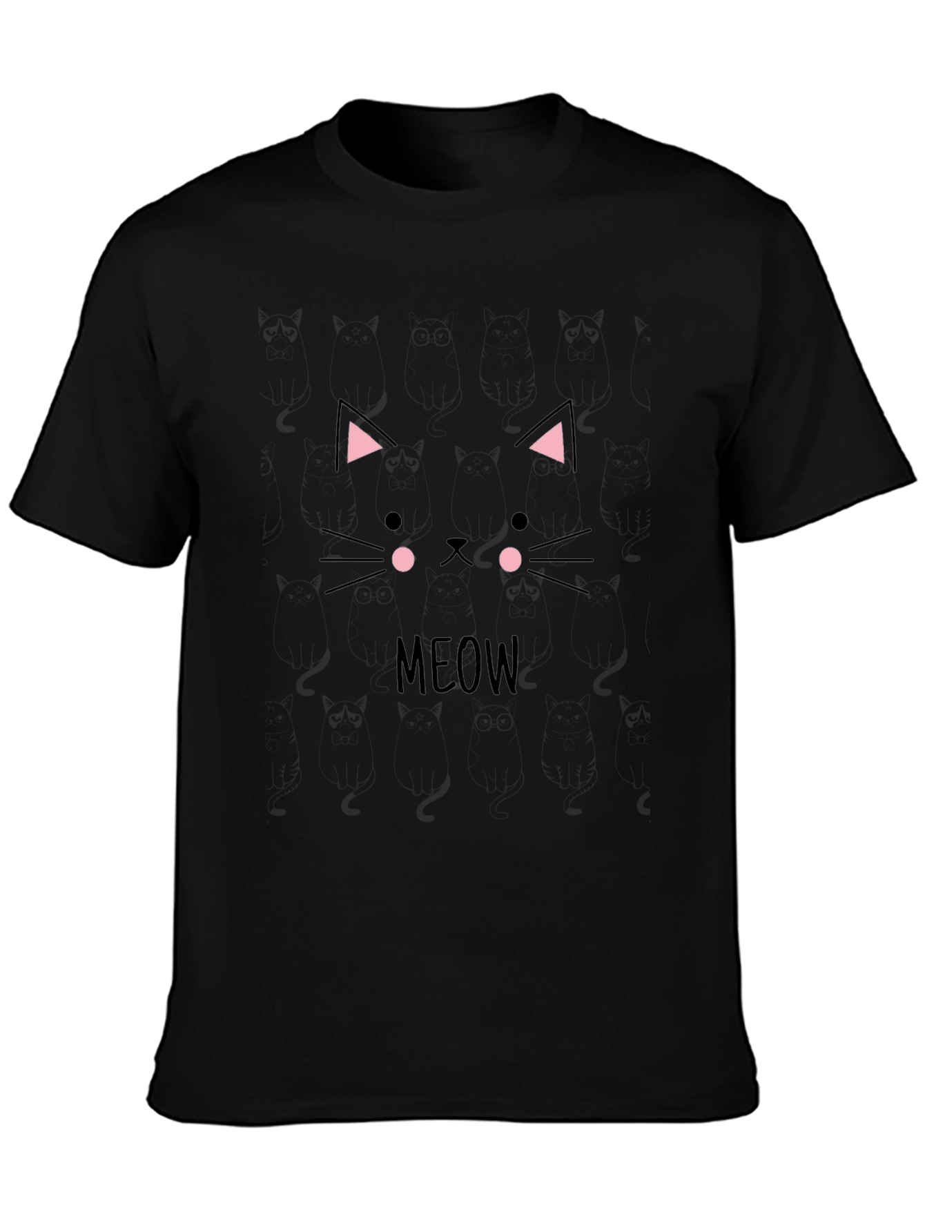Cute Cat Face Meow T-Shirt - Black Cotton Casual Tee