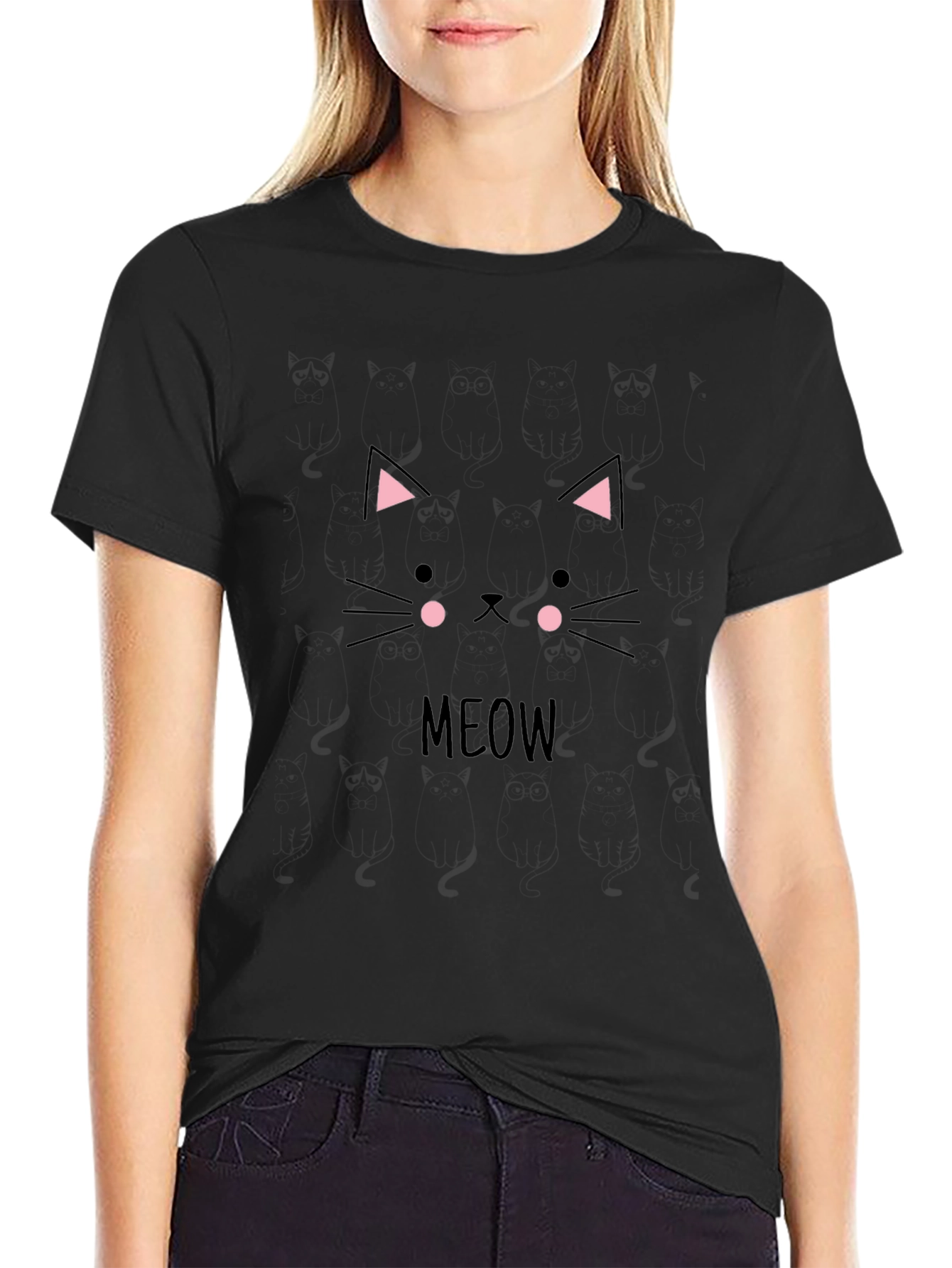Cute Cat Face Meow T-Shirt - Black Cotton Casual Tee