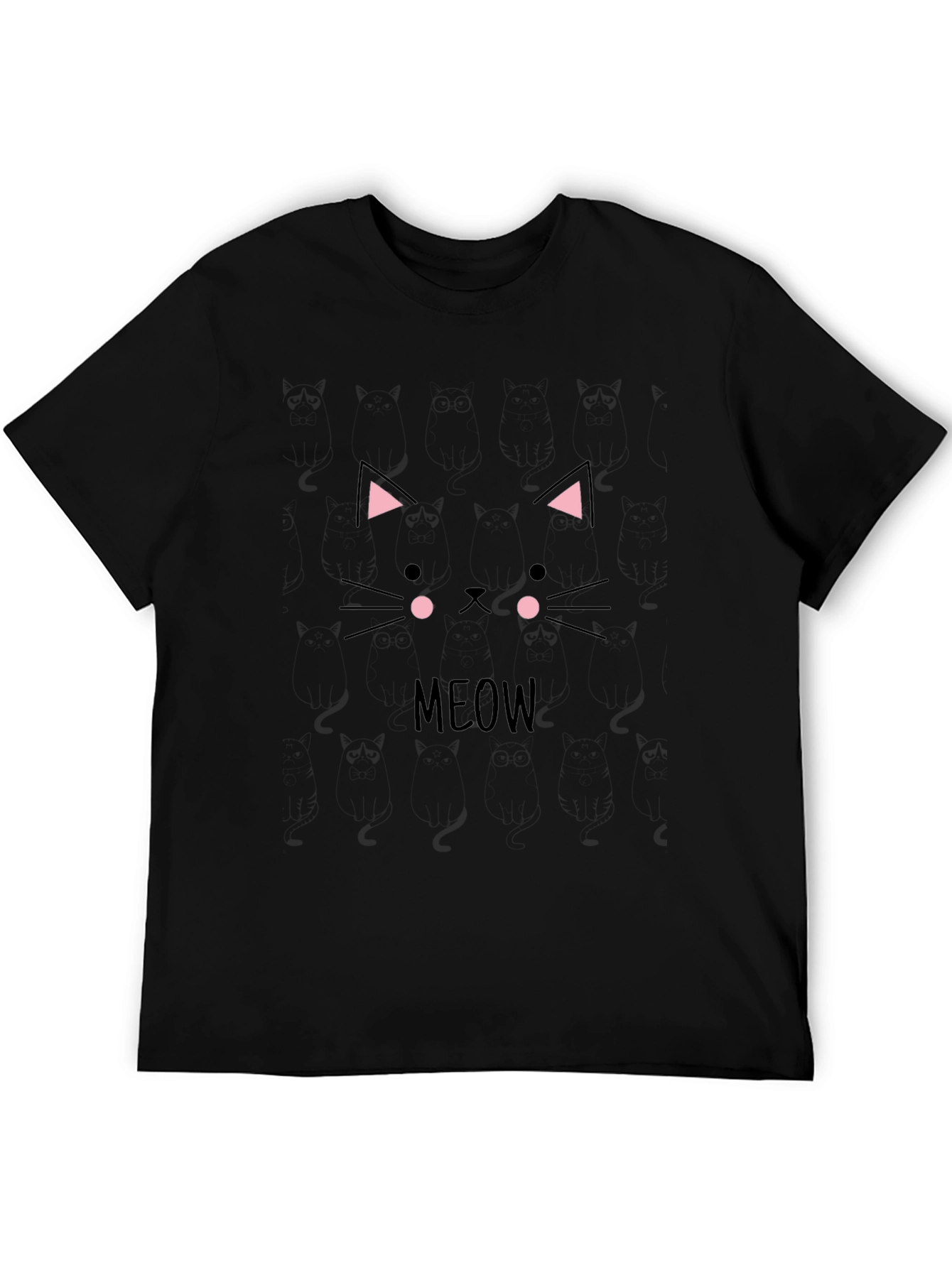 Cute Cat Face Meow T-Shirt - Black Cotton Casual Tee