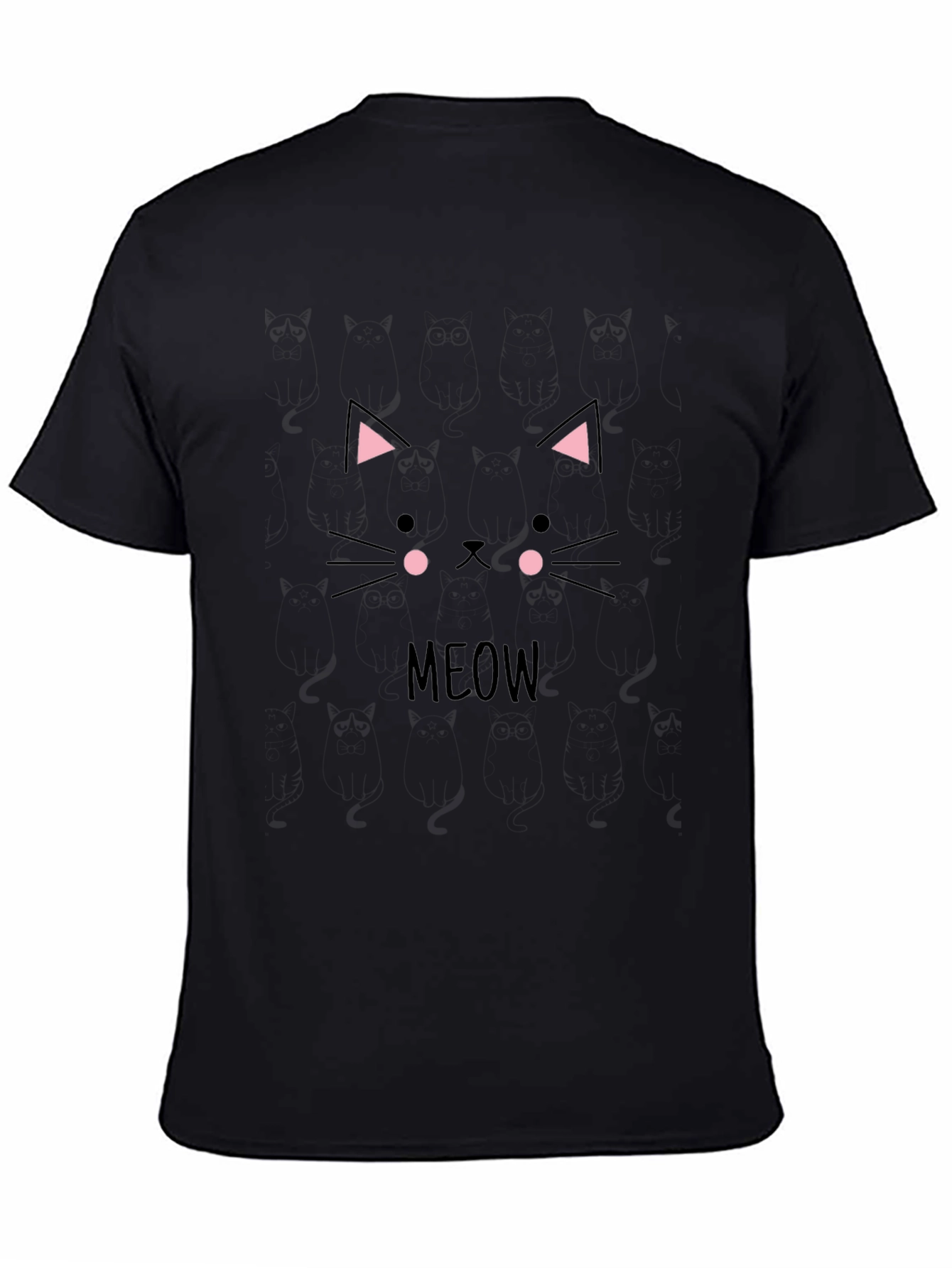Cute Cat Face Meow T-Shirt - Black Cotton Casual Tee