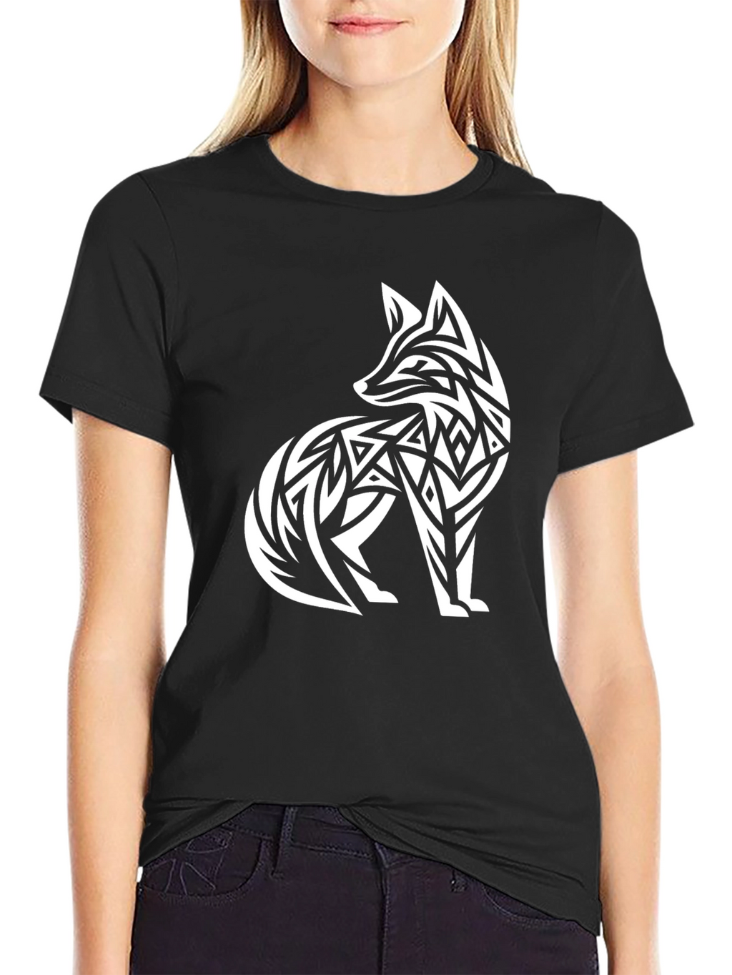 Tribal Fox Graphic Tee - Black Cotton T-Shirt