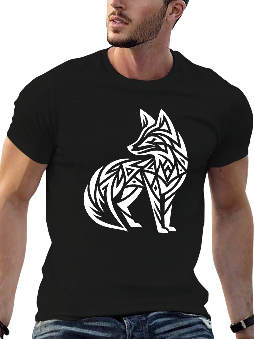 Tribal Fox Graphic Tee - Black Cotton T-Shirt