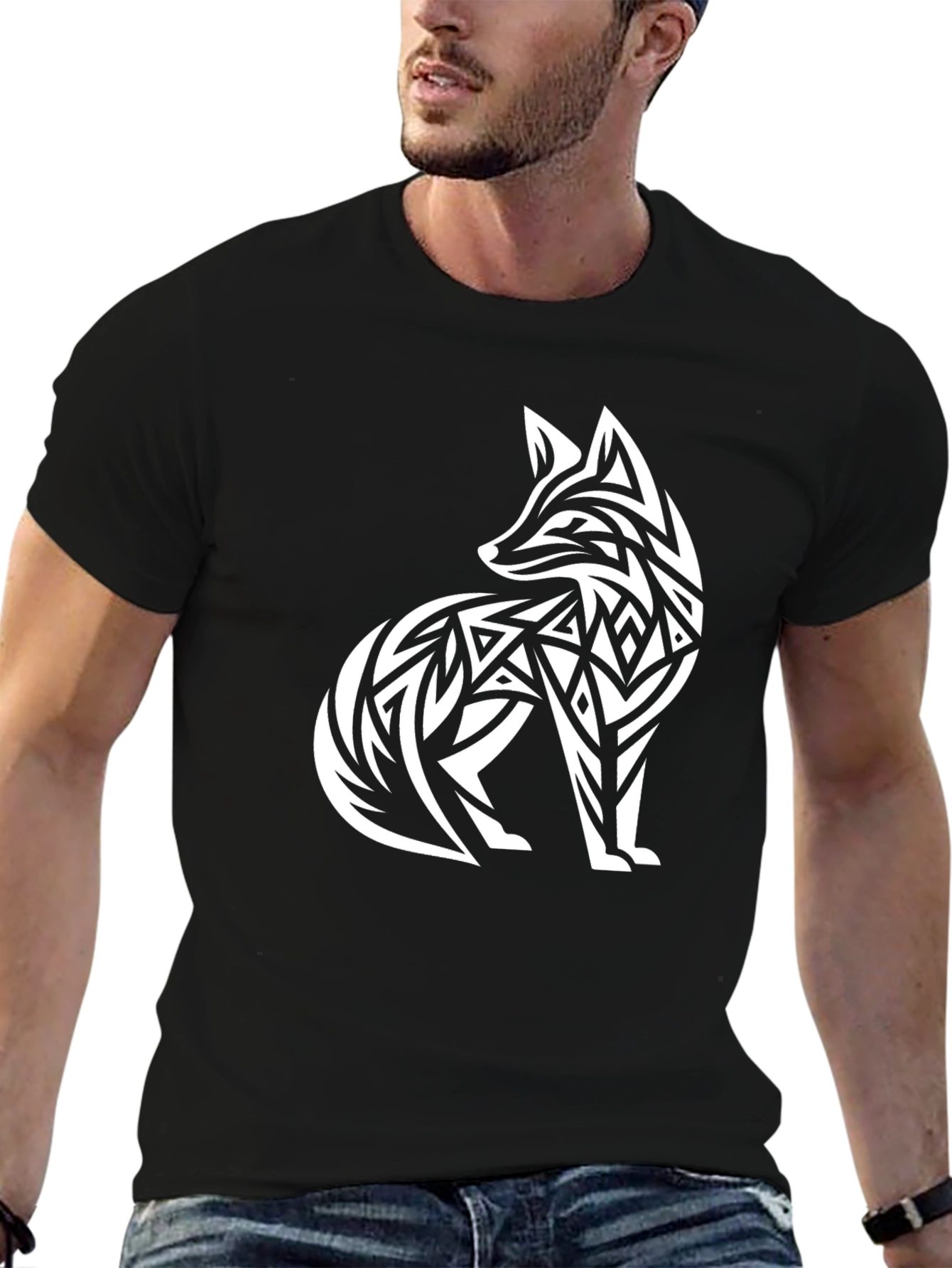 Tribal Fox Graphic Tee - Black Cotton T-Shirt