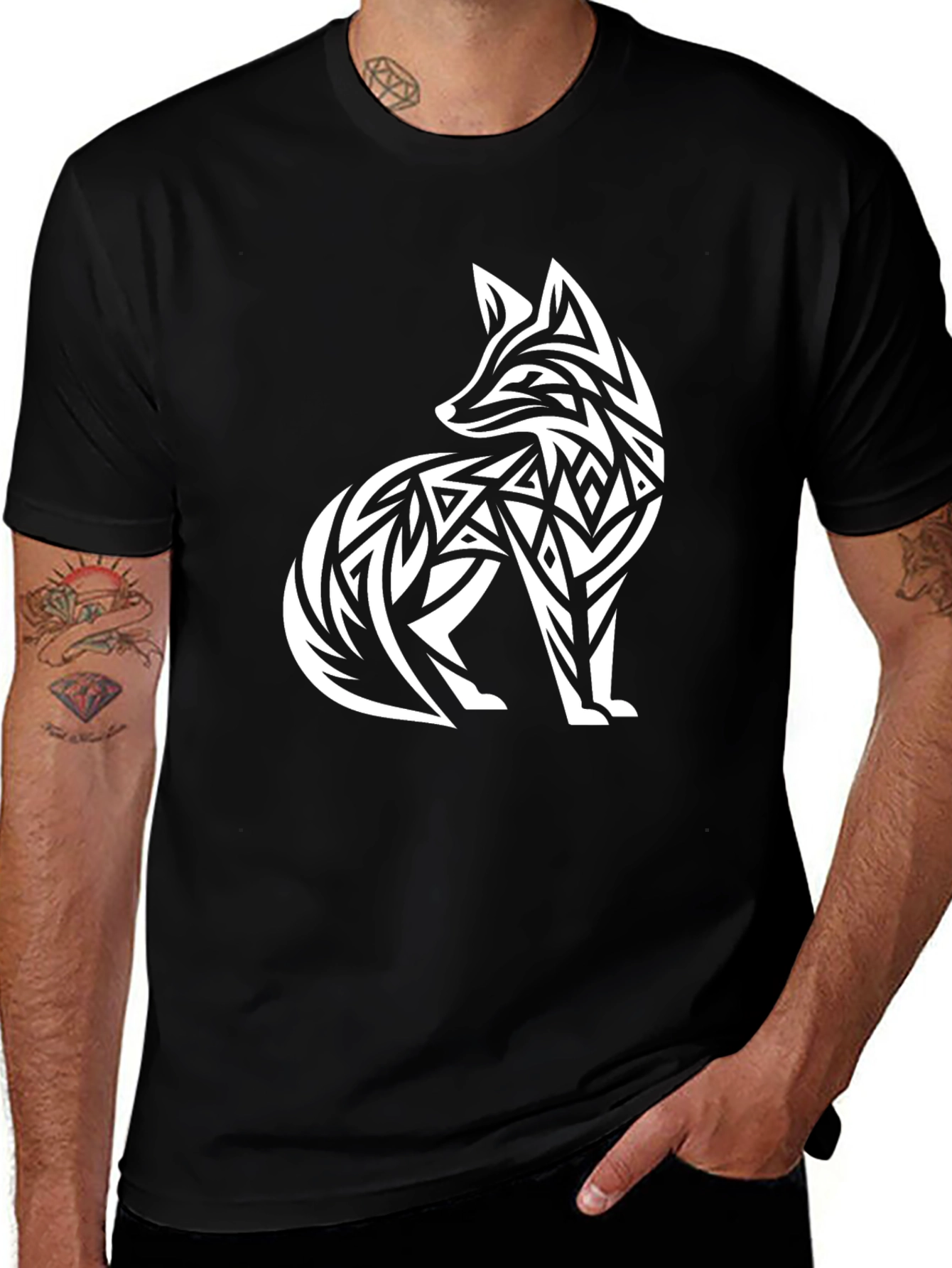 Tribal Fox Graphic Tee - Black Cotton T-Shirt