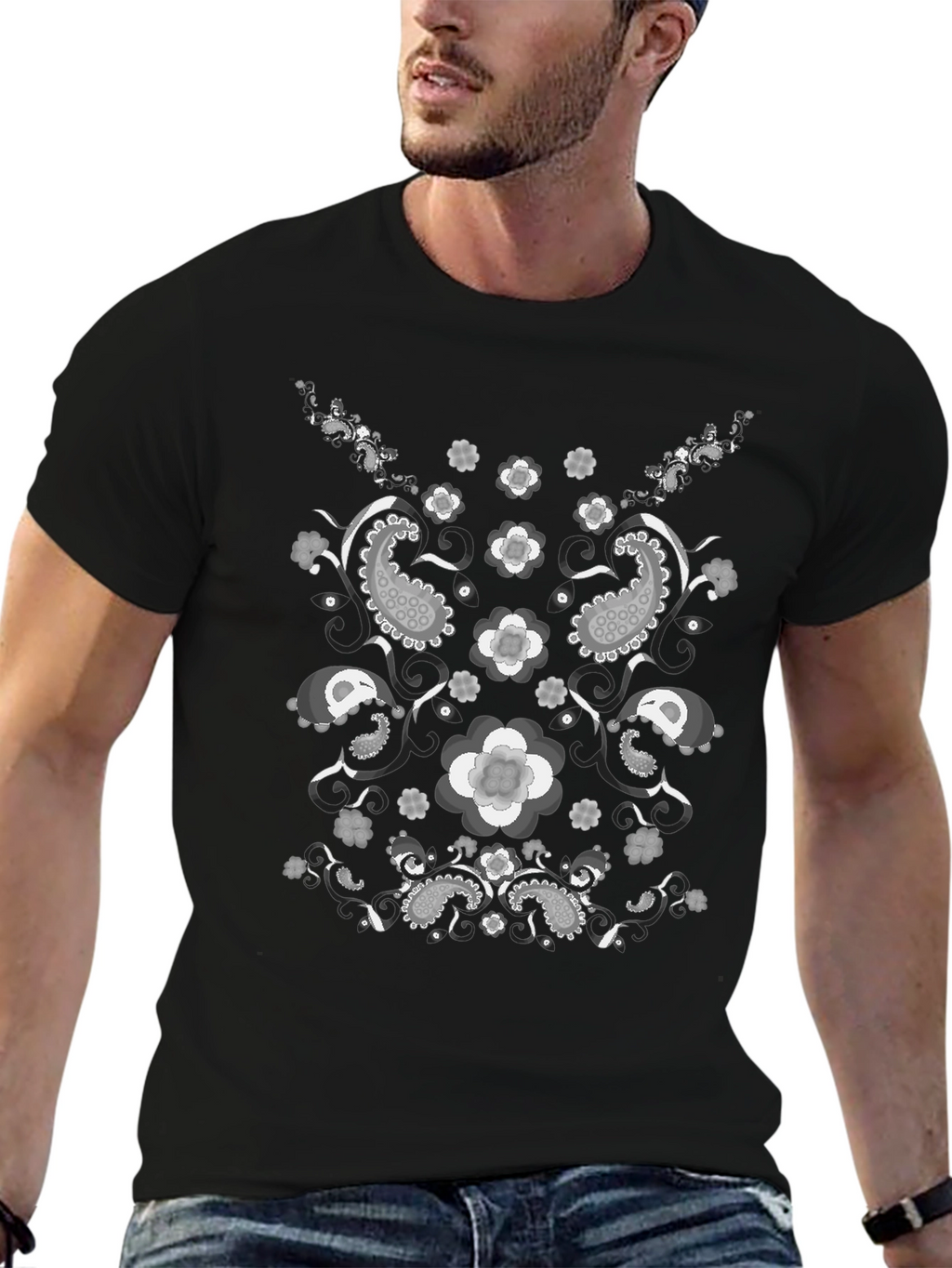 Paisley Flower Print Black T-Shirt