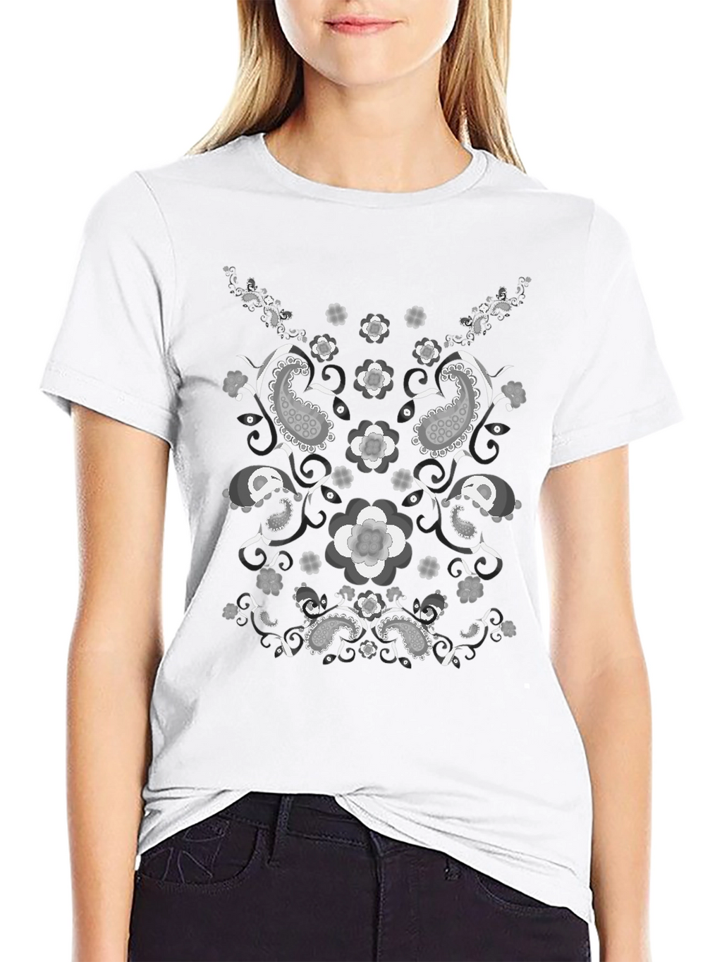 Paisley Flower Print Black T-Shirt