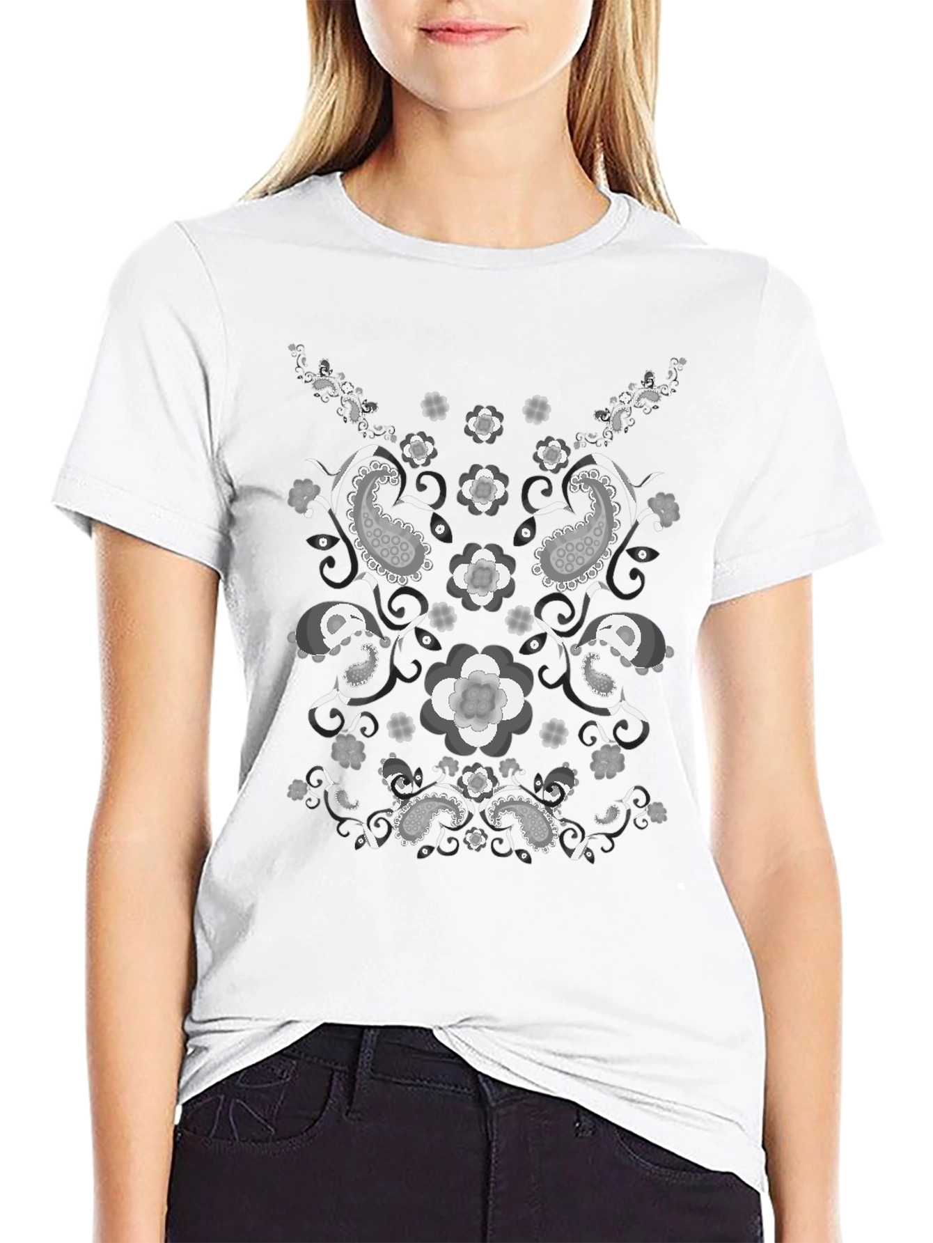 Paisley Flower Print Black T-Shirt