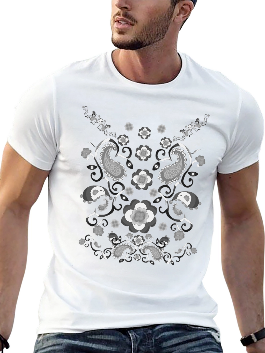 Paisley Flower Print Black T-Shirt