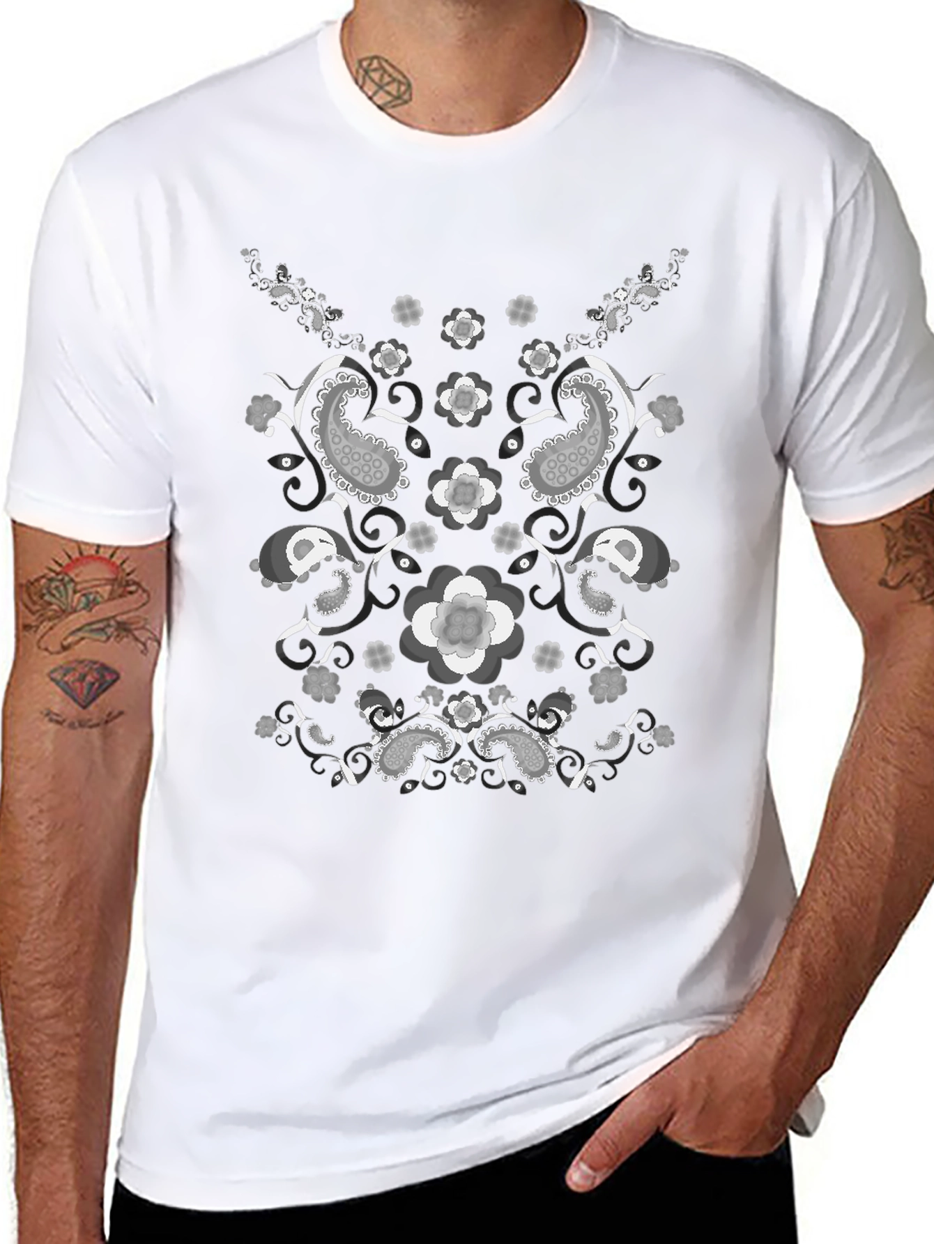 Paisley Flower Print Black T-Shirt