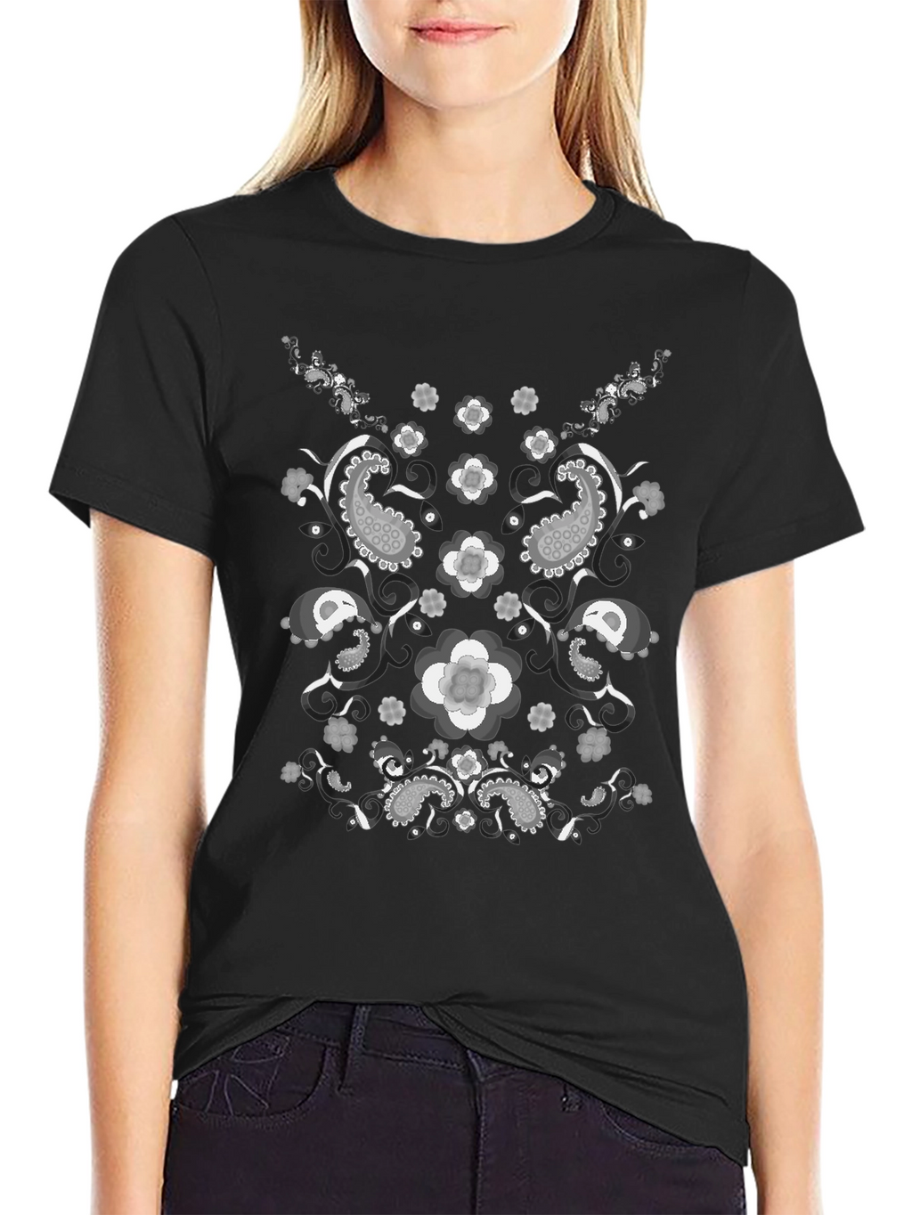 Paisley Flower Print Black T-Shirt