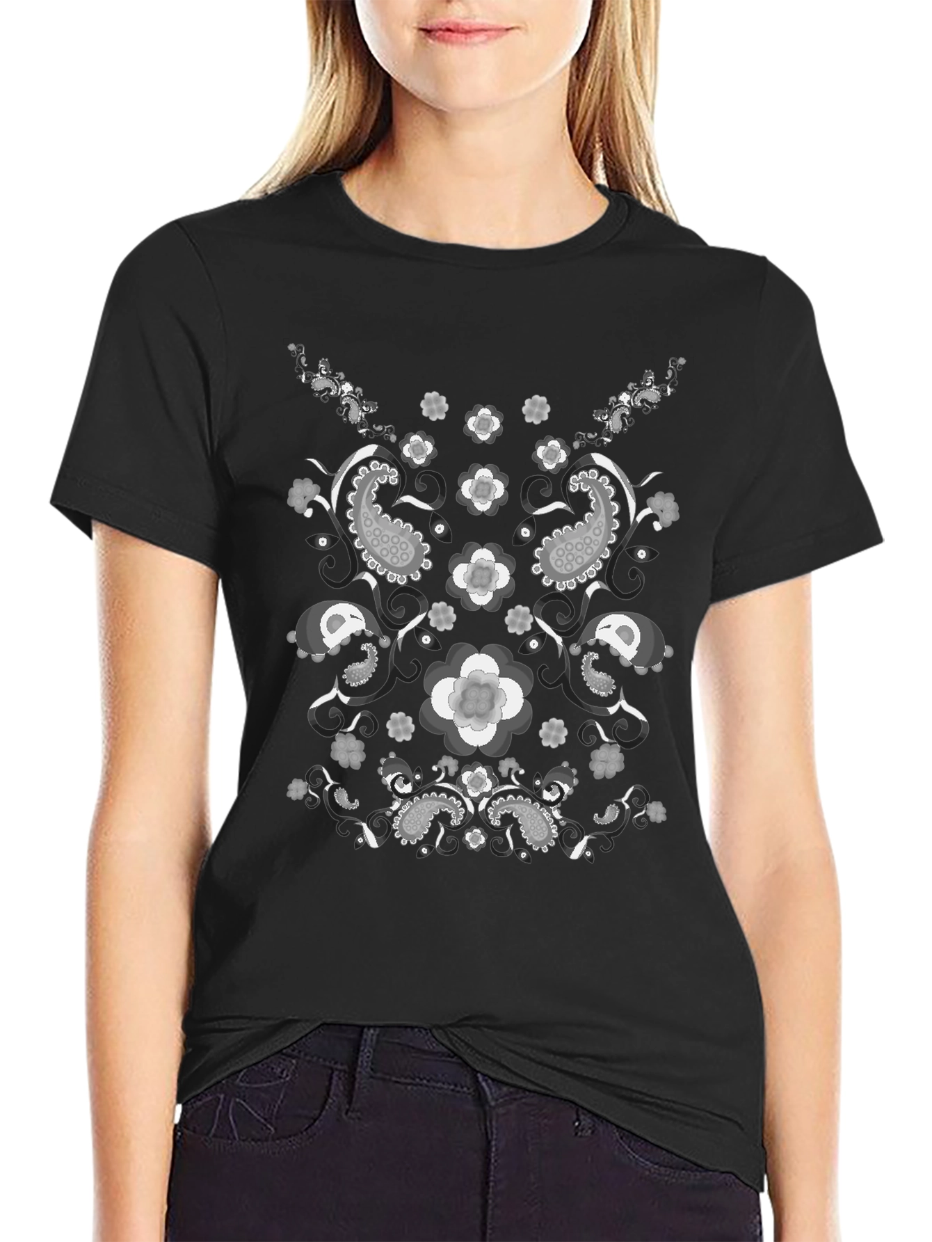 Paisley Flower Print Black T-Shirt