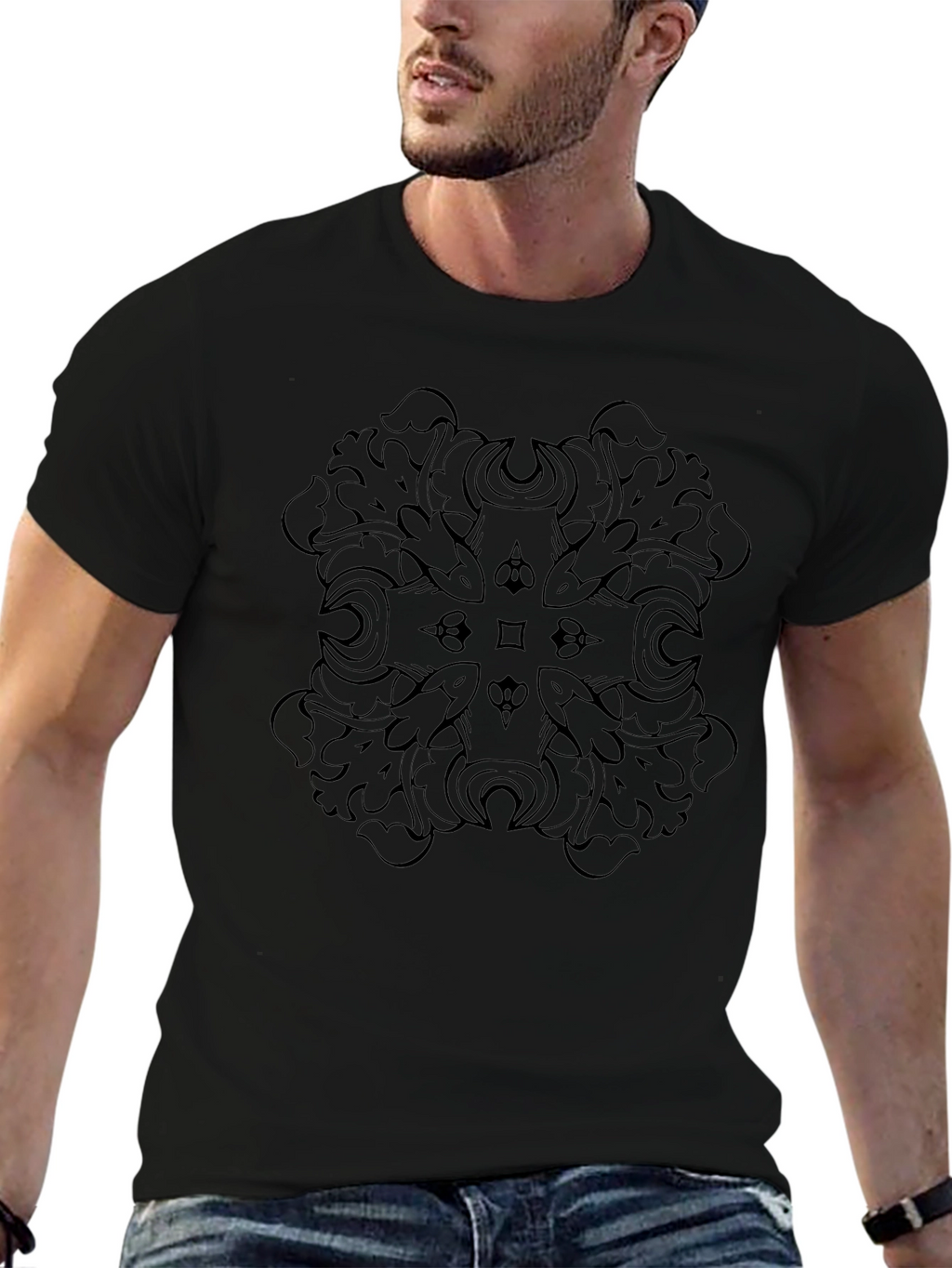 Mens Black T-Shirt with Intricate Graphic Design