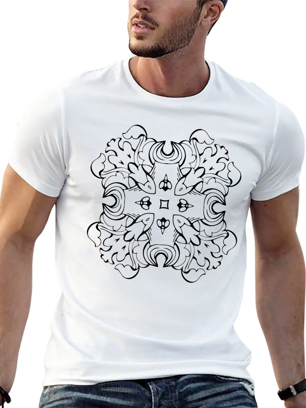 Mens Black T-Shirt with Intricate Graphic Design