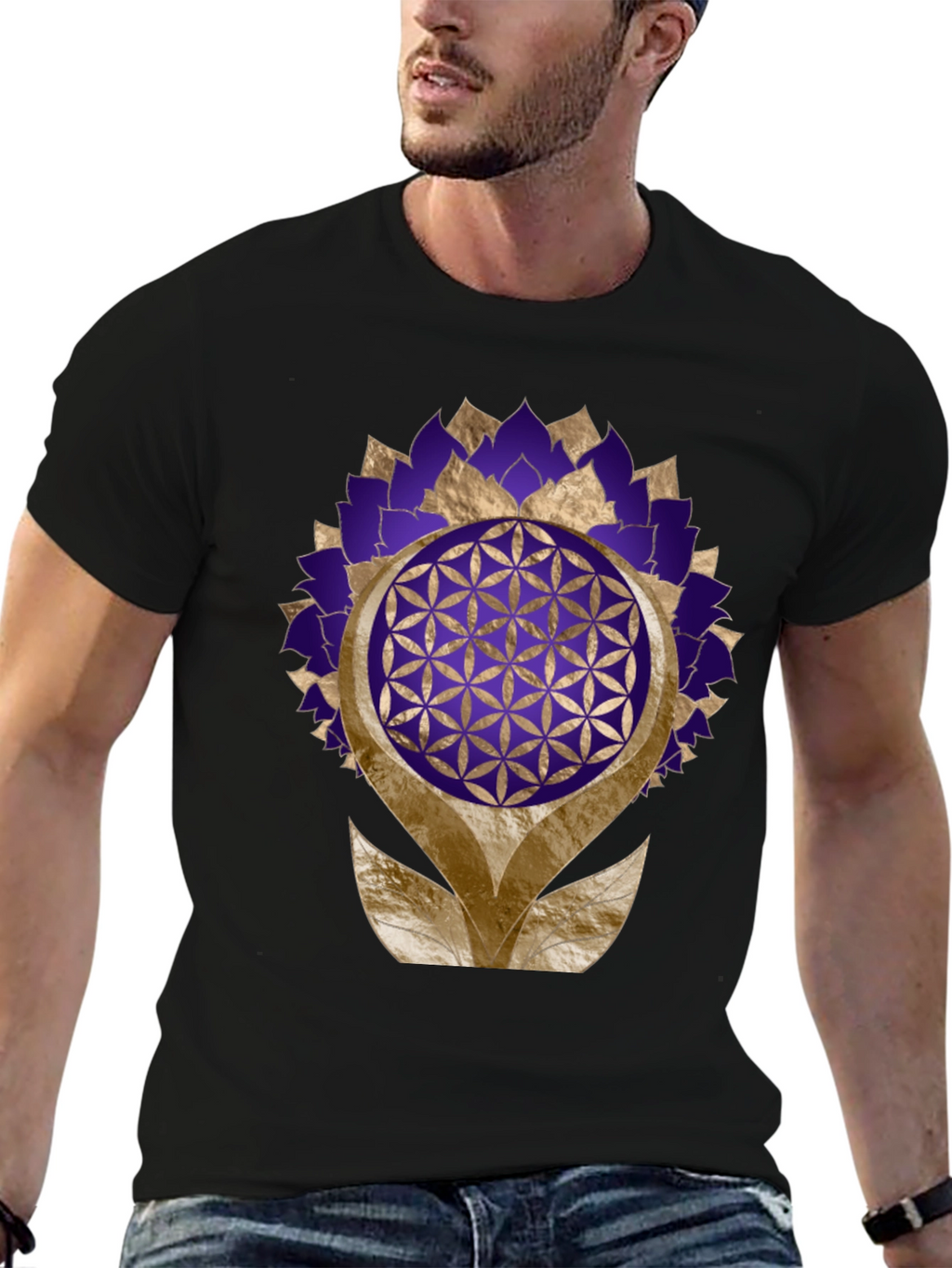 Geometric Flower of Life Graphic Tee - Black