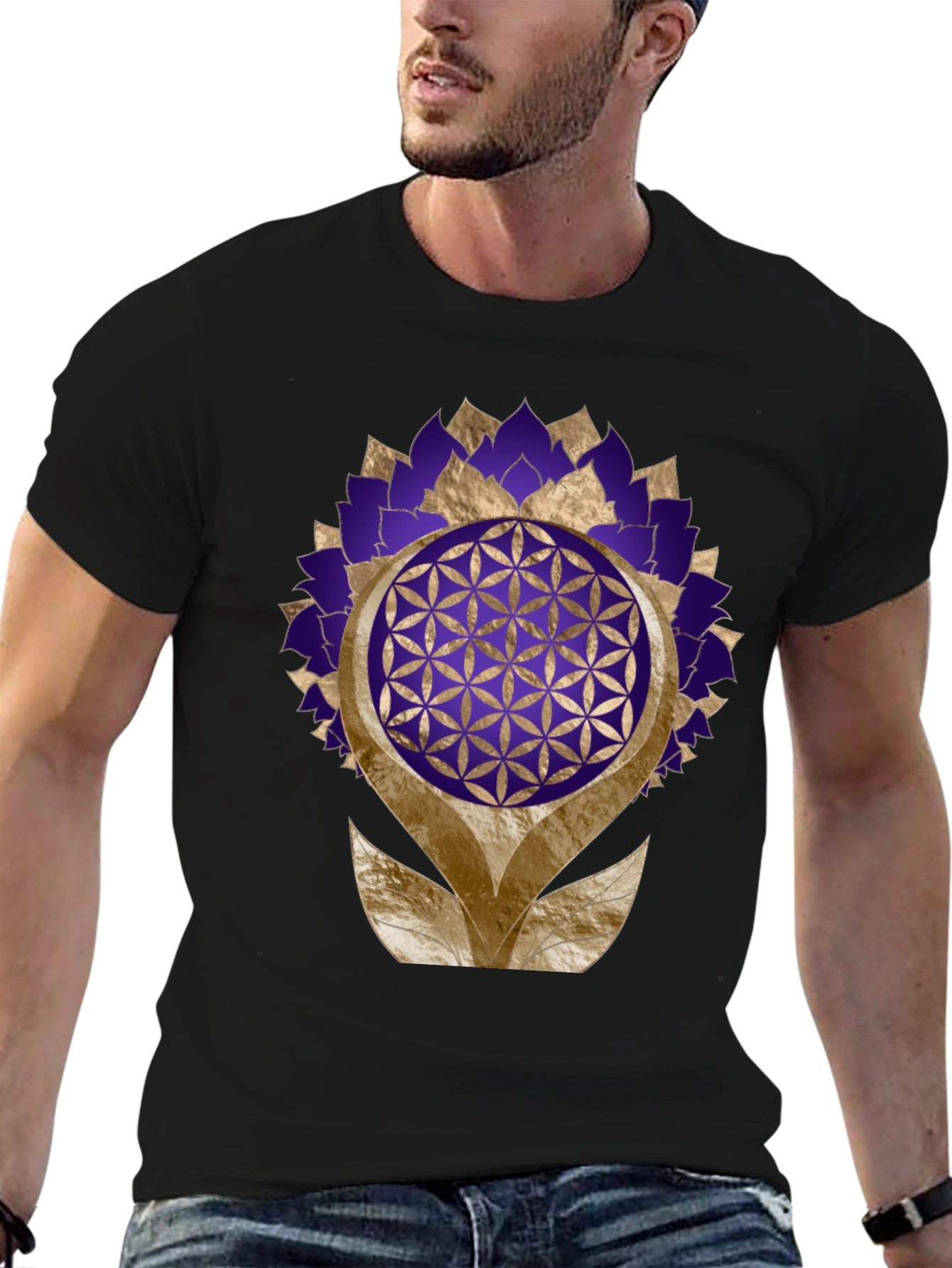 Geometric Flower of Life Graphic Tee - Black