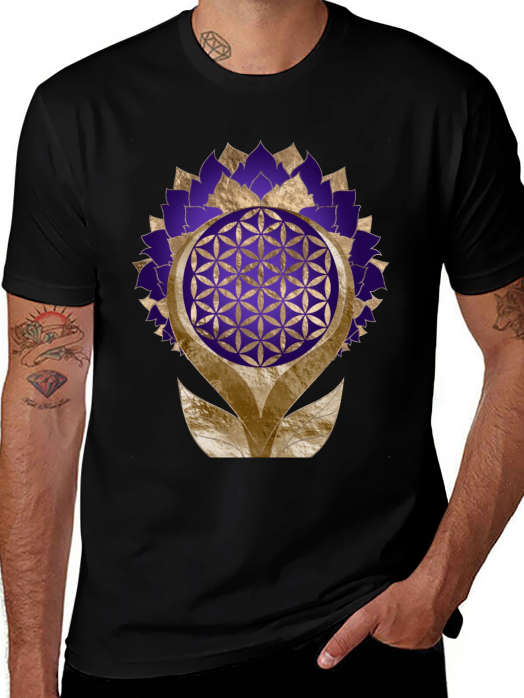 Geometric Flower of Life Graphic Tee - Black