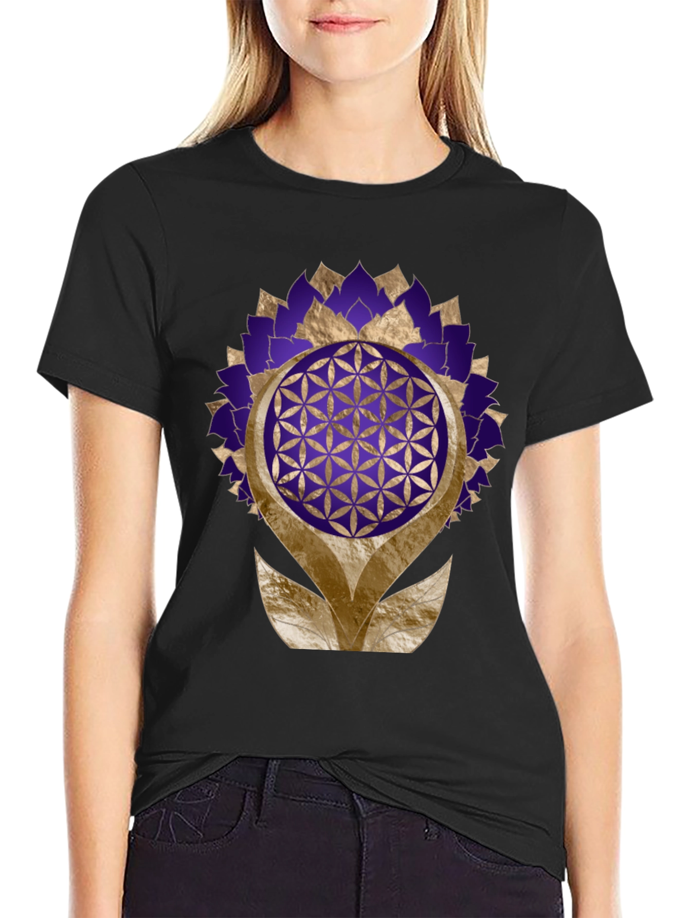 Geometric Flower of Life Graphic Tee - Black