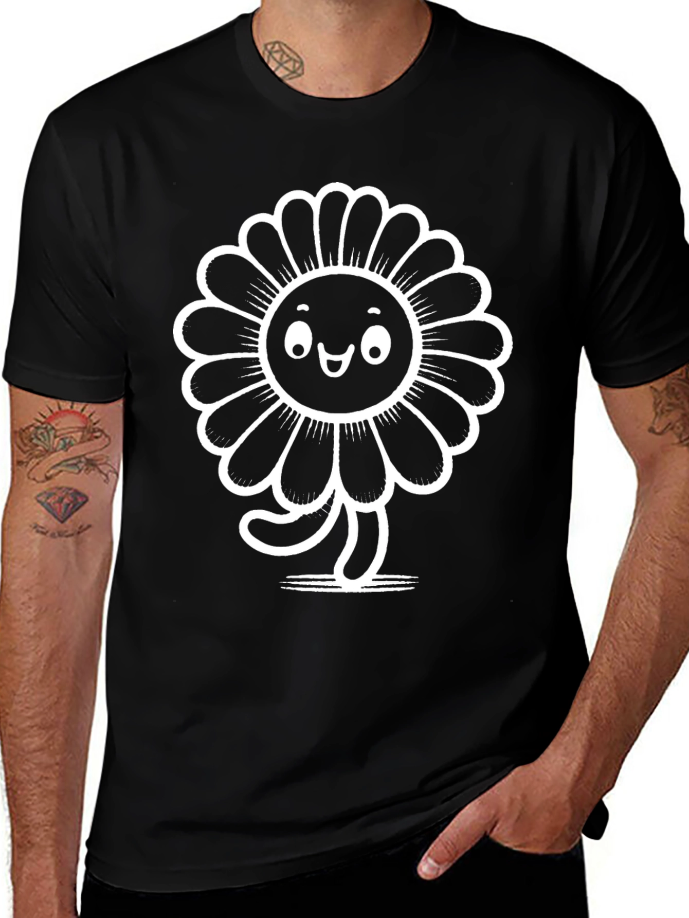 Funky Flower Graphic Tee - Black Cotton T-Shirt