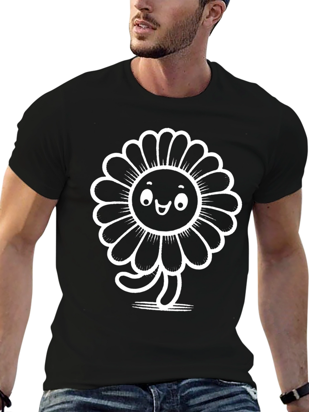Funky Flower Graphic Tee - Black Cotton T-Shirt