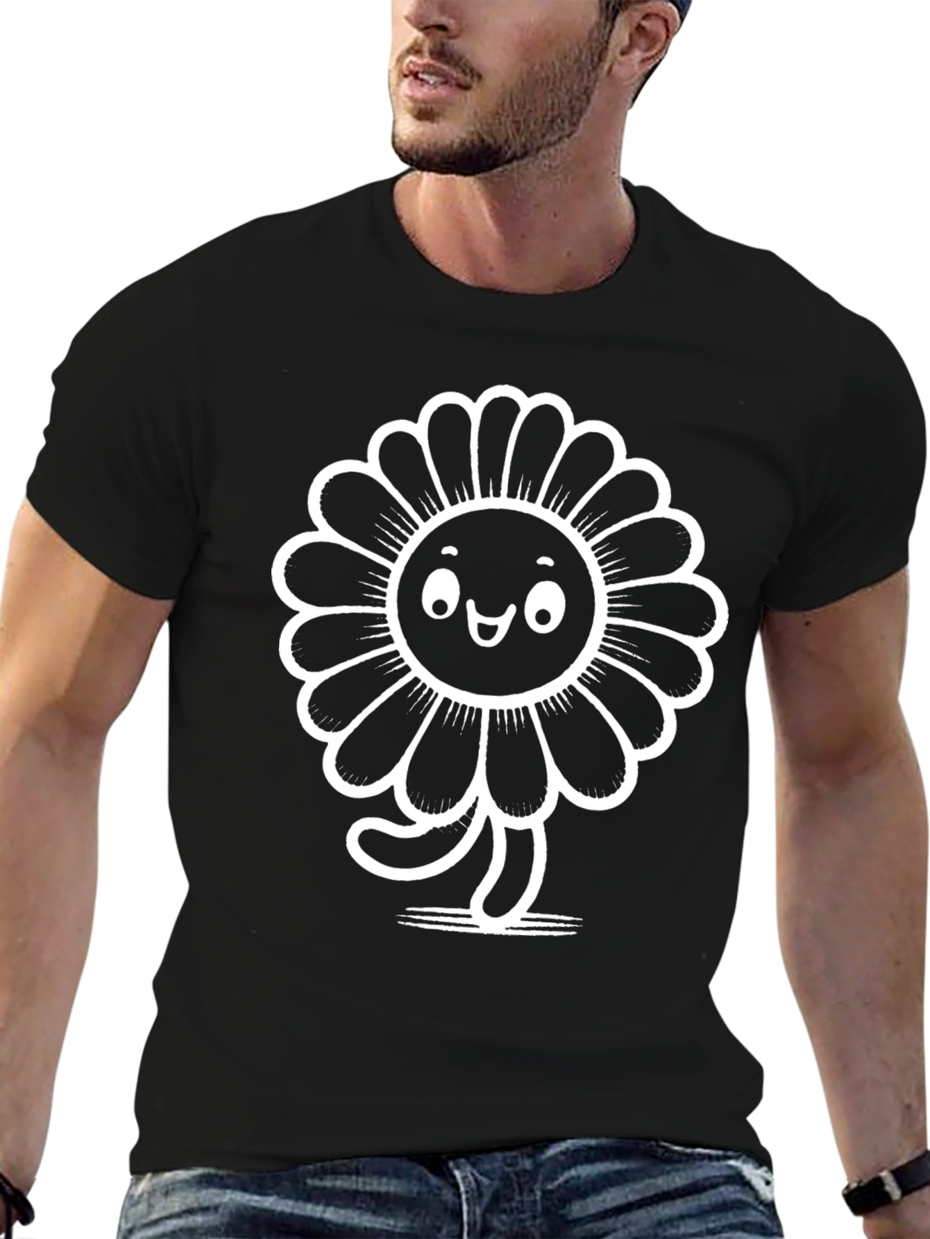 Funky Flower Graphic Tee - Black Cotton T-Shirt