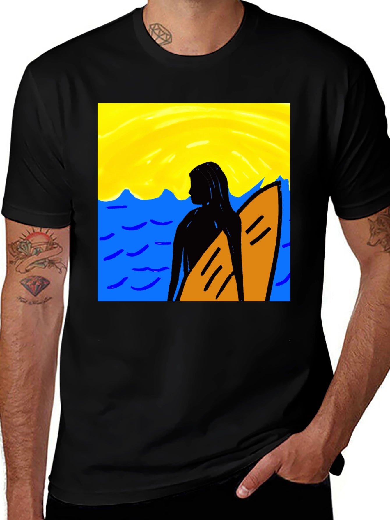 Surfer Girl Graphic Tee - Black Cotton T-Shirt