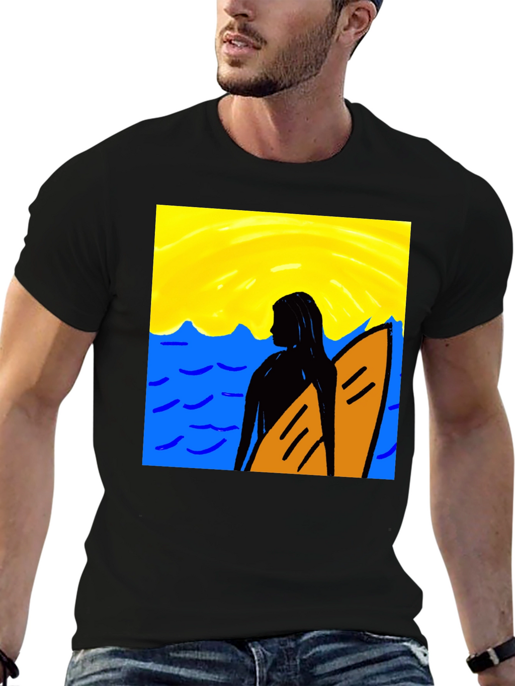 Surfer Girl Graphic Tee - Black Cotton T-Shirt