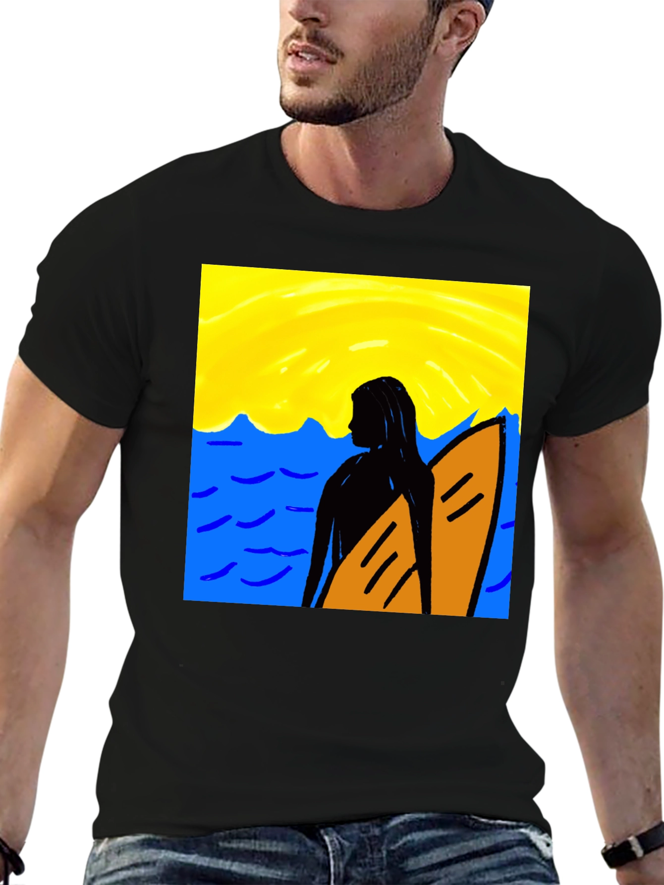 Surfer Girl Graphic Tee - Black Cotton T-Shirt